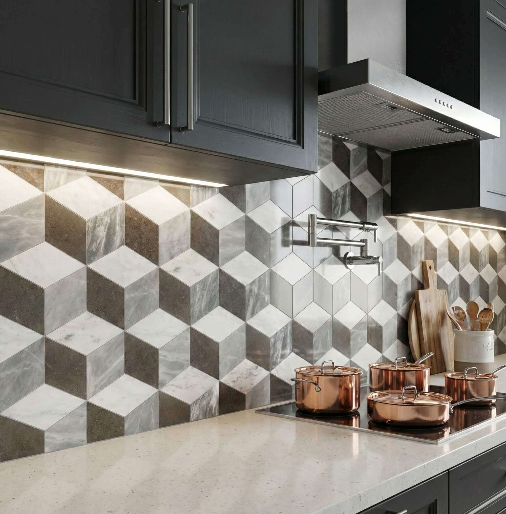 Contemporary dark kitchen featuring white, gray, and black 3D marble tile backsplash with wall mount pot filler faucet.
