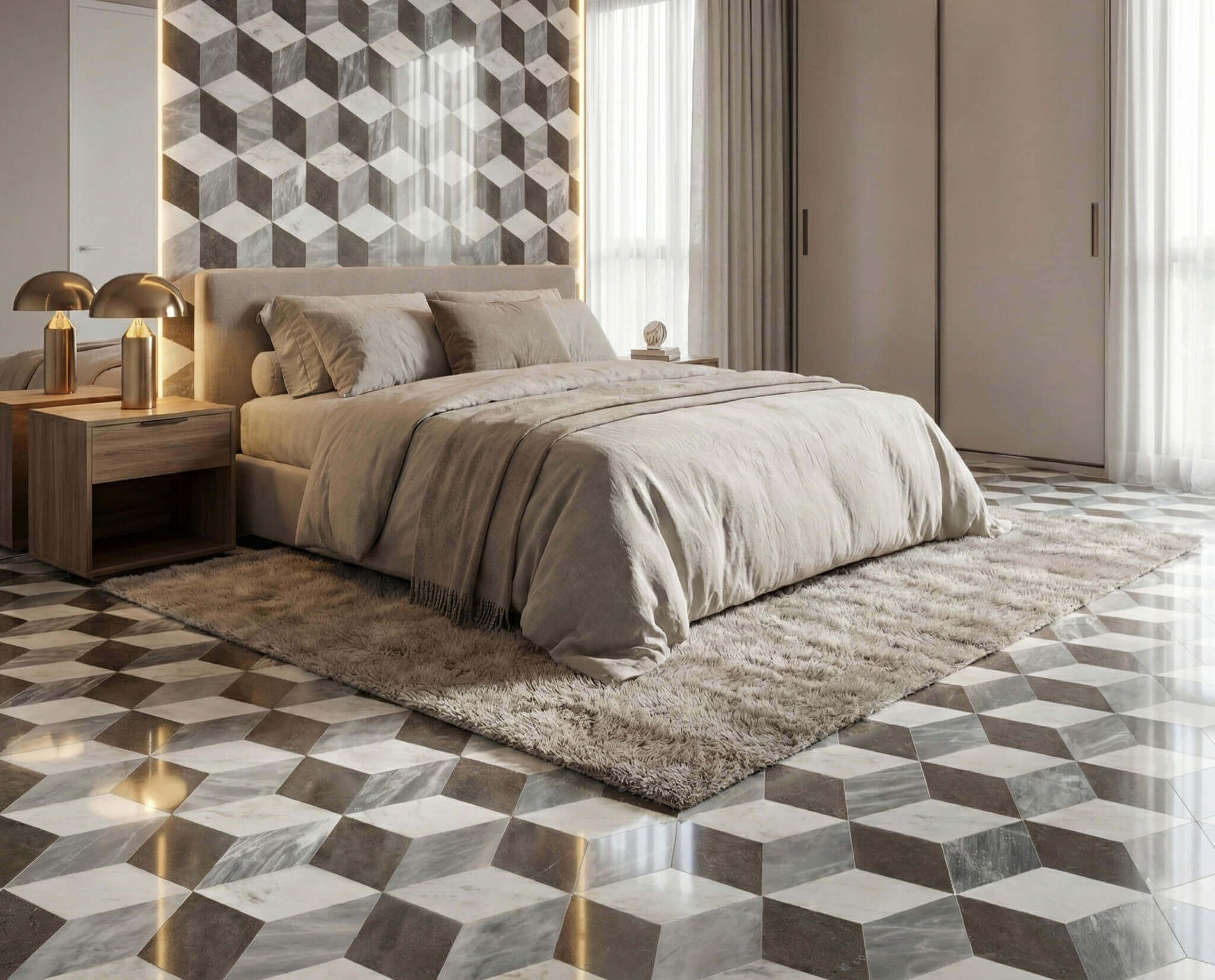 Luxury master bedroom design featuring 3D cube illusion white, gray, and black marble tile floor and accent wall.