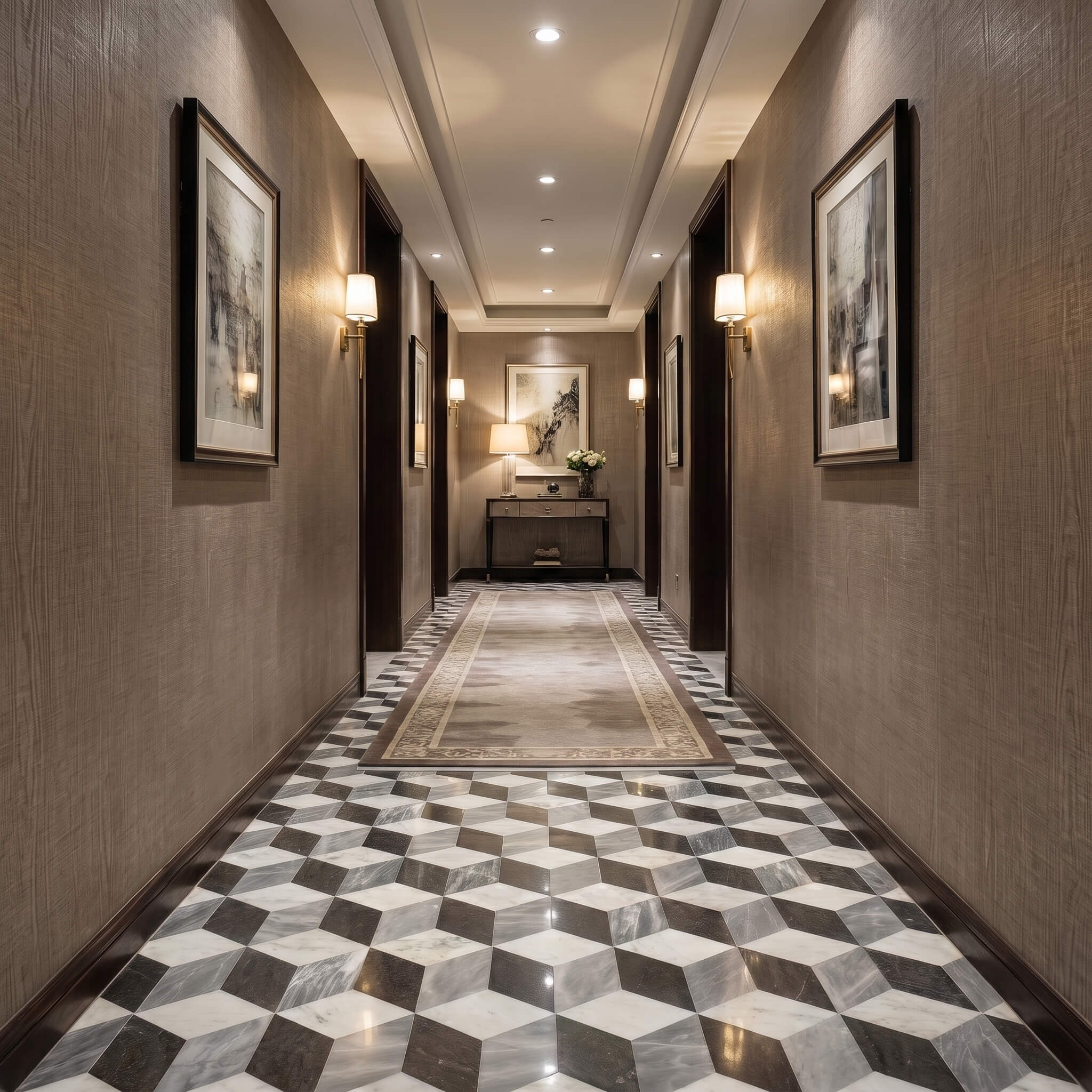 Luxury hallway floor featuring 3D cube illusion white, gray, and black waterjet marble tile in a geometric runner pattern.