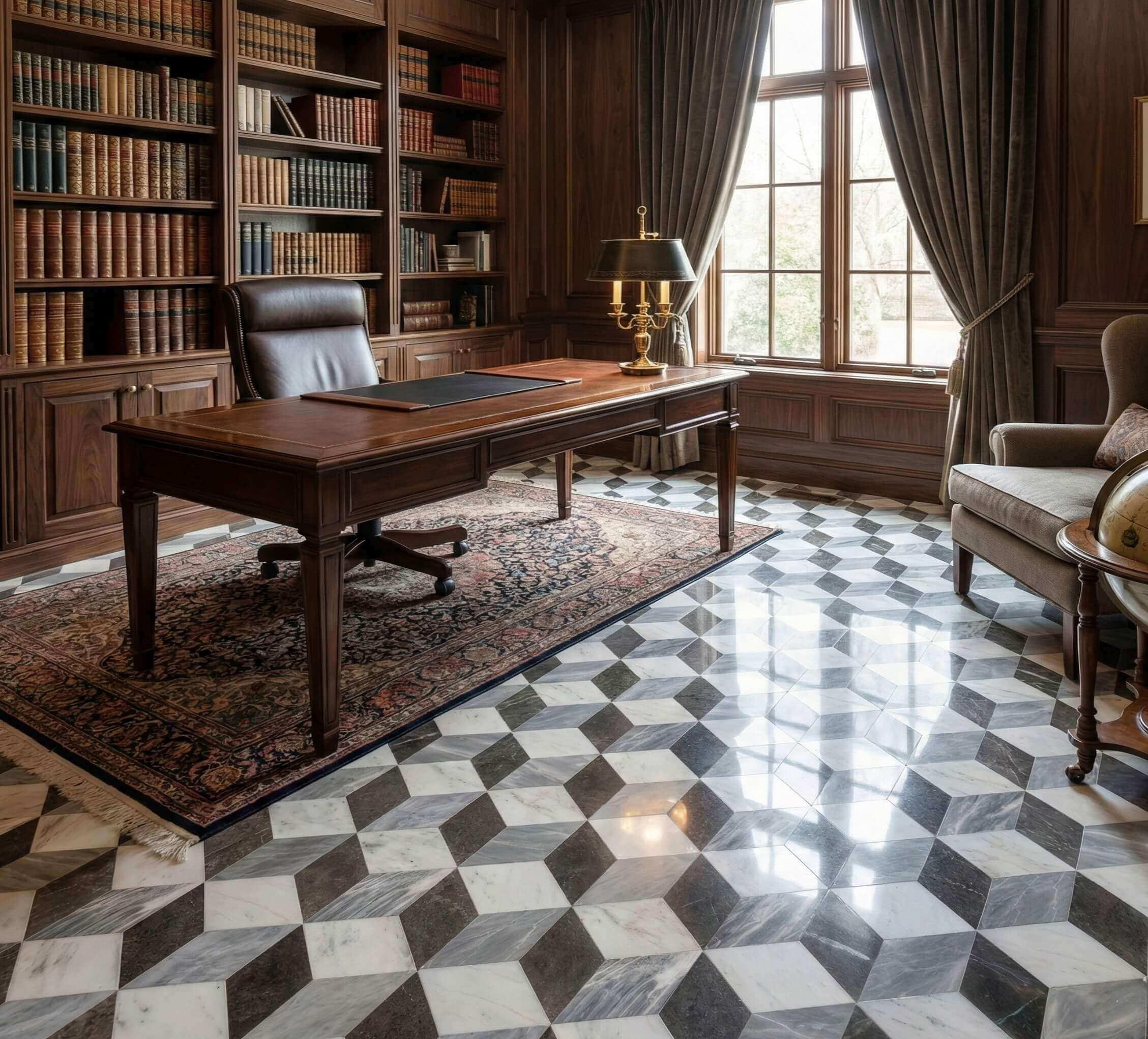 Executive home office library floor elevated with high gloss white, gray, and black 3D optical illusion marble tiles.
