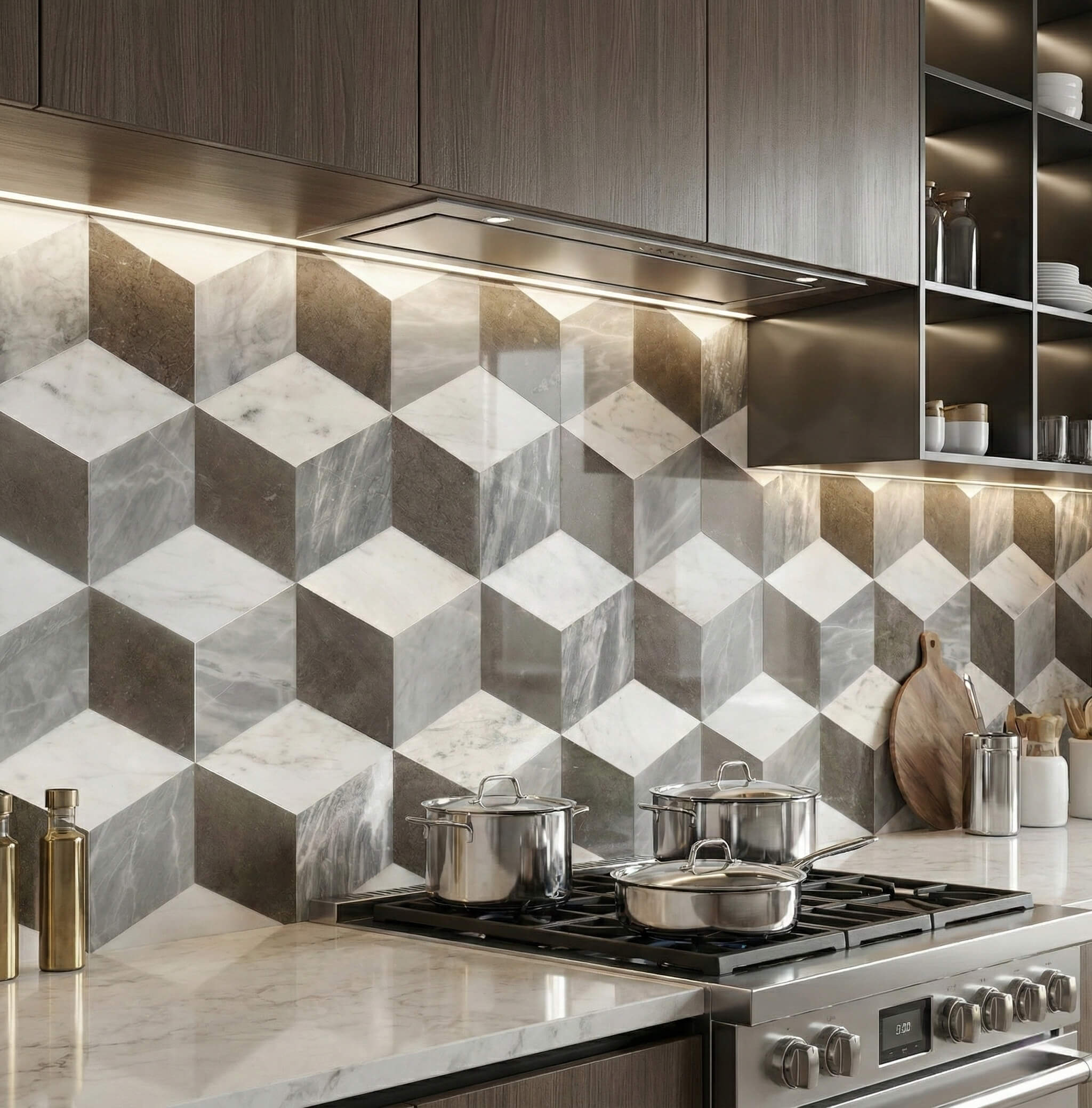 Modern kitchen backsplash featuring 3D cube illusion white, gray, and black waterjet cut natural marble mosaic tiles.