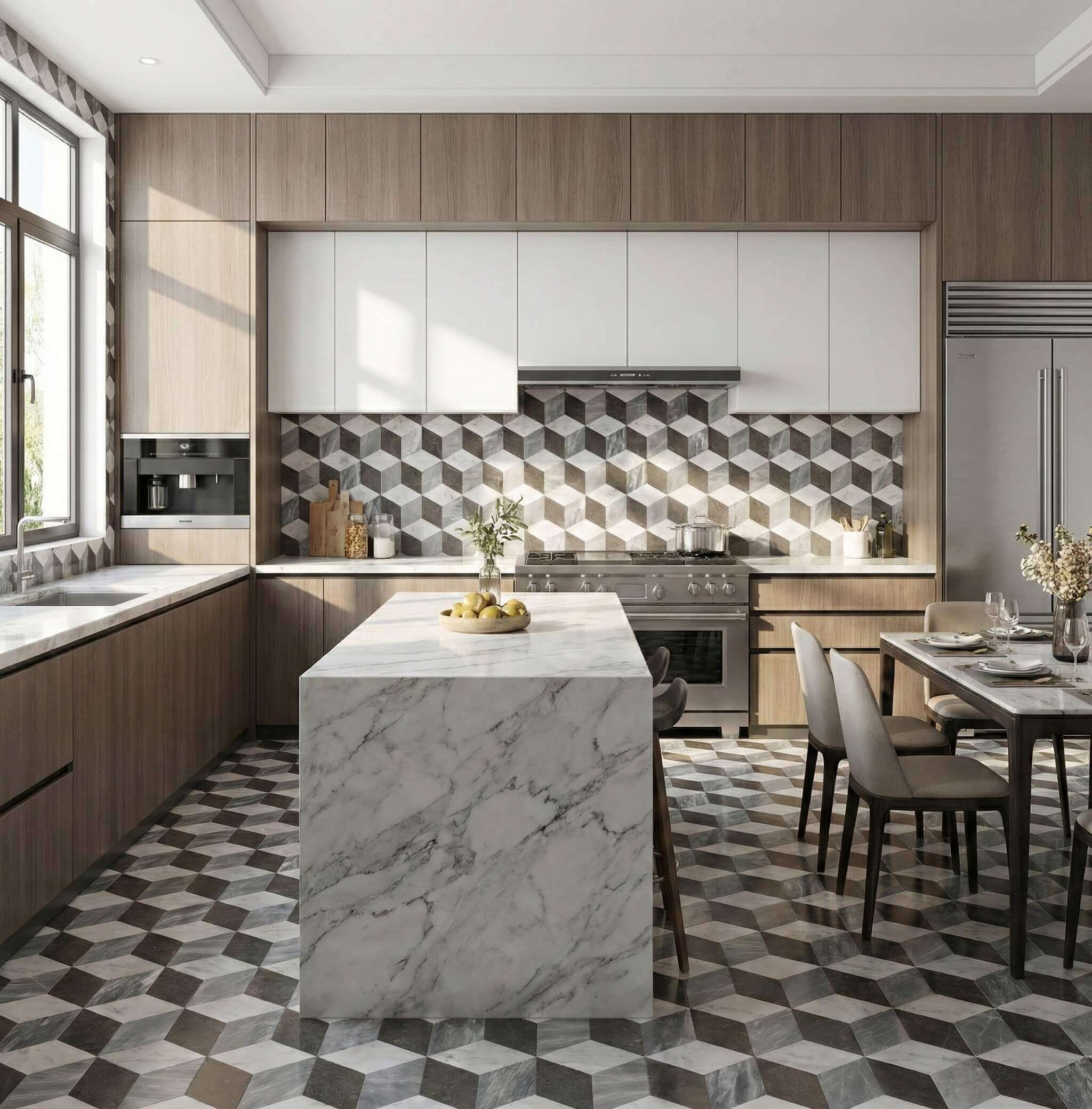 Open concept kitchen interior featuring white, gray, and black 3D marble tile floor integrated with waterfall island.
