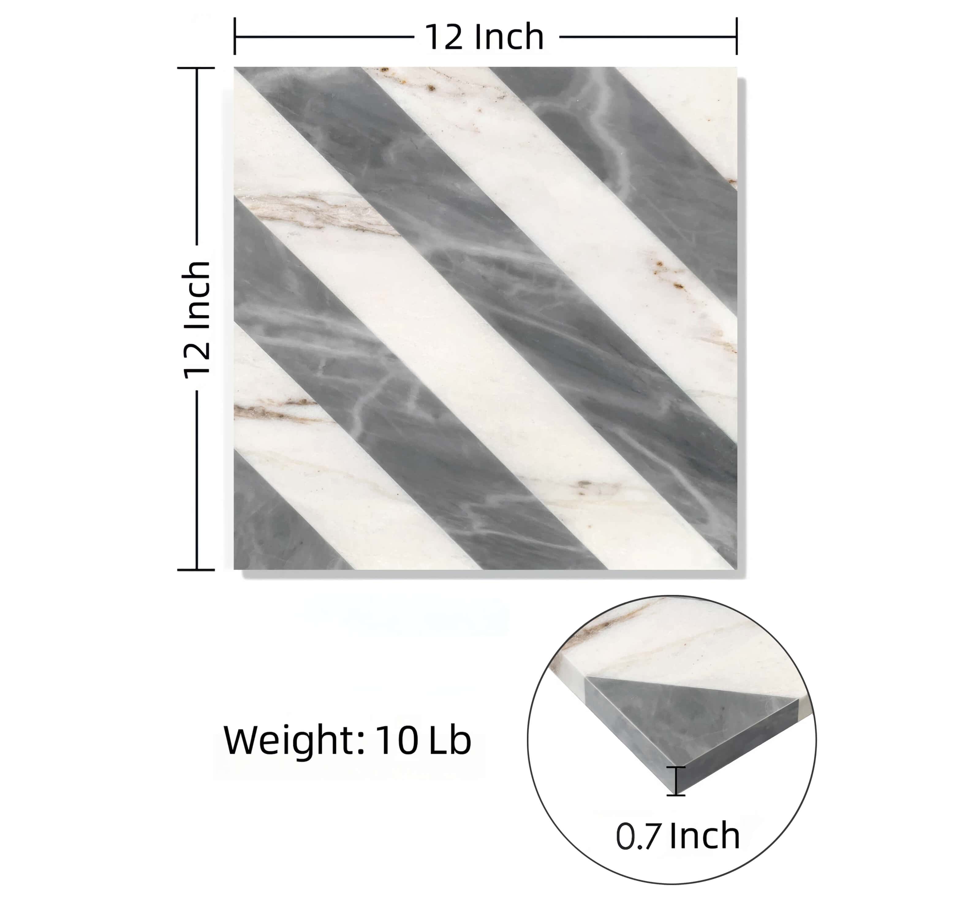 Dimensions diagram for 12x12 inch waterjet marble tile, showing 0.7 inch thickness, 10 lb weight, and solid stone profile.