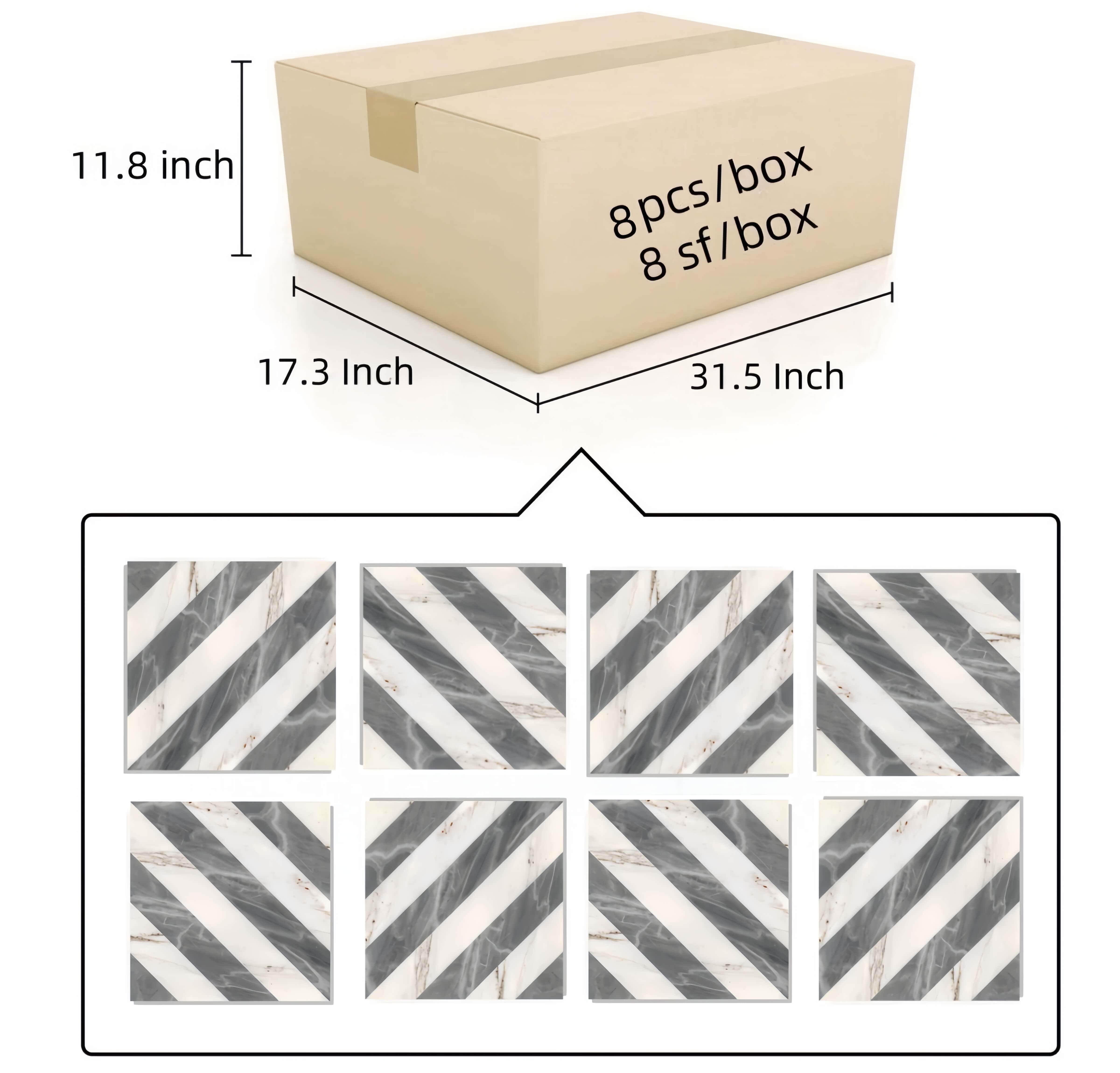 Packaging diagram illustrating corrugated box dimensions of 31.5x17.3x11.8 inches holding 8 sq ft of marble tiles.