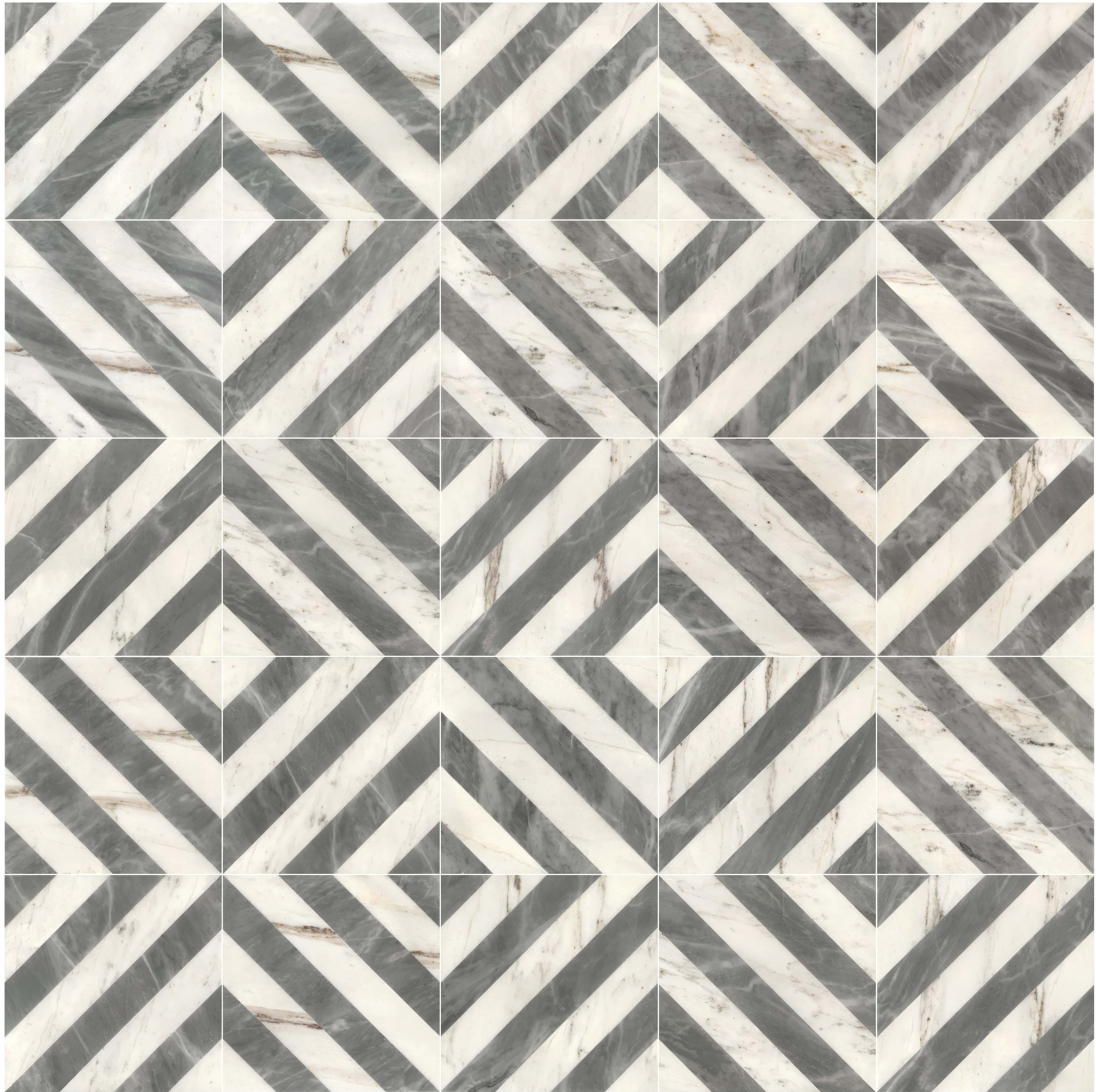 Dry-lay arrangement of 16 waterjet marble tiles creating an interlocking concentric diamond geometric pattern for floors.