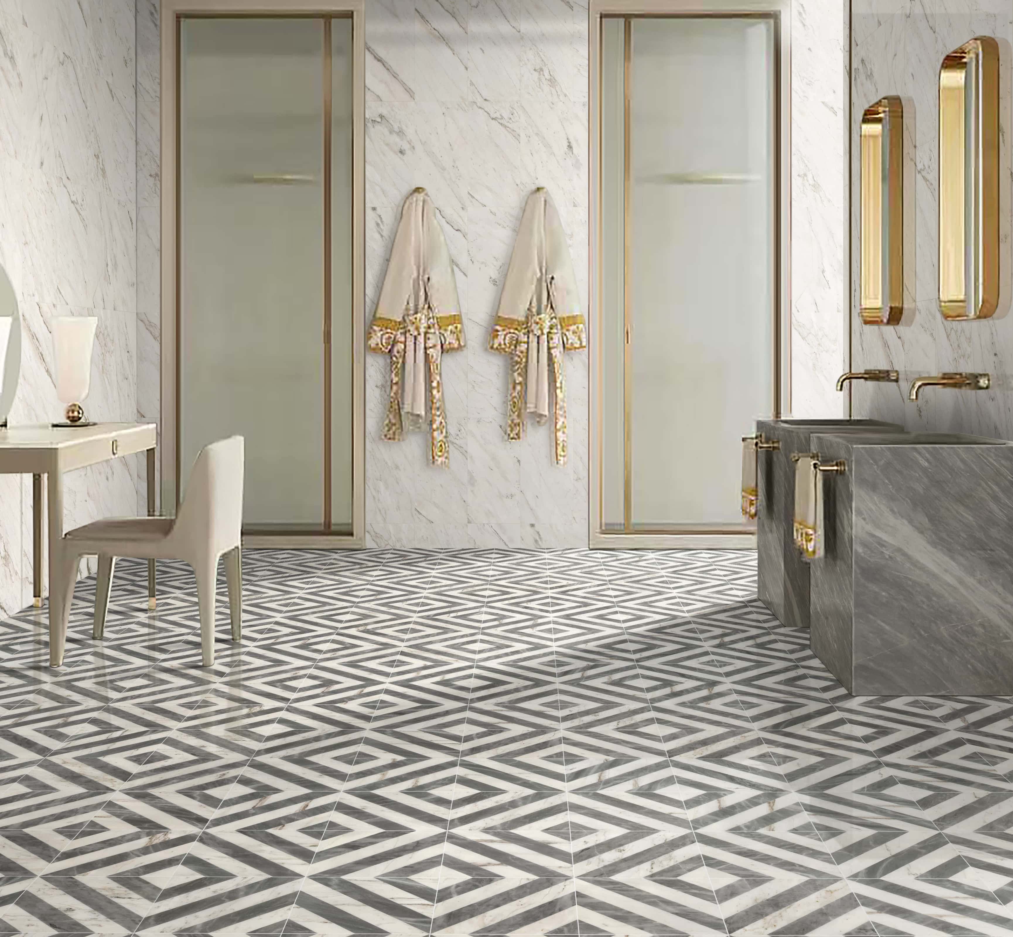 Luxury bathroom floor in 12x12 waterjet marble paired with 12x24 Snow Mountain White polished marble wall tile.