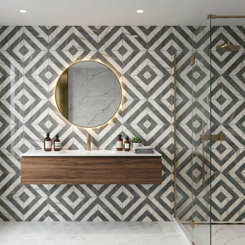 Spacious bathroom wall and shower surround tiled with polished geometric white and gray waterjet natural marble.