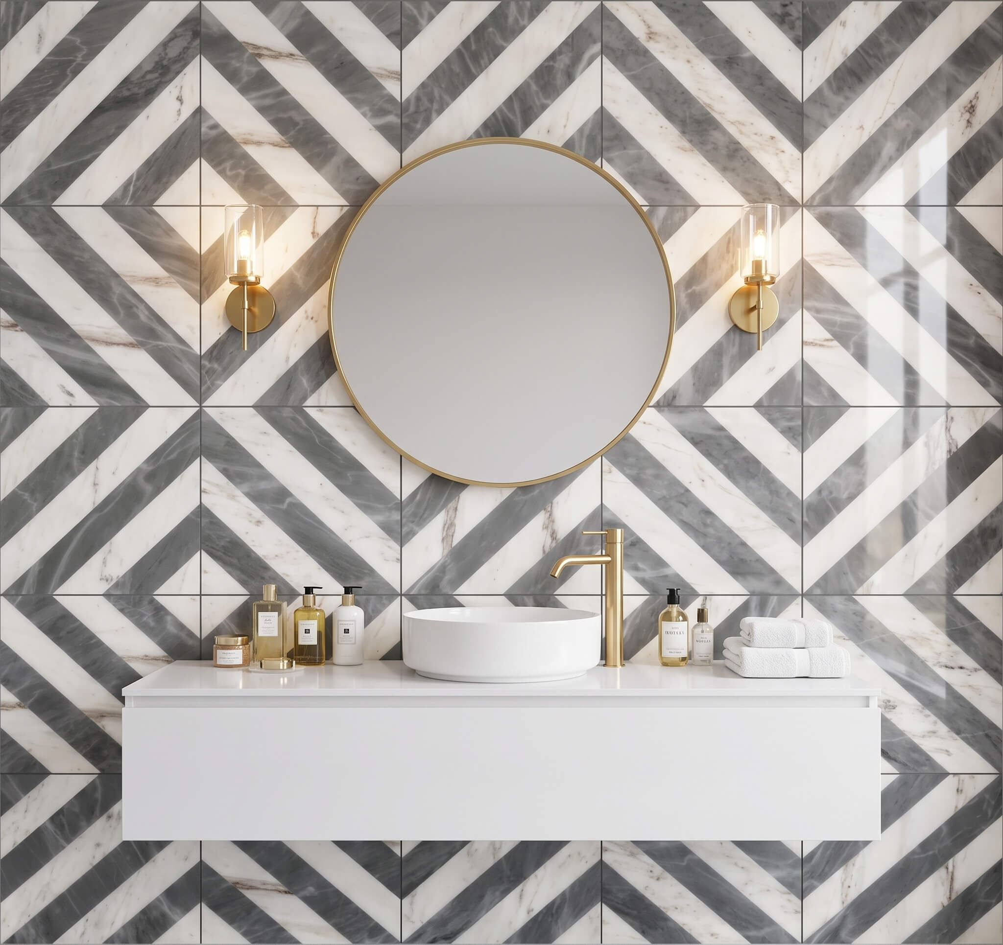 Modern bathroom vanity feature wall featuring polished white and gray waterjet marble tiles in geometric diamond layout.
