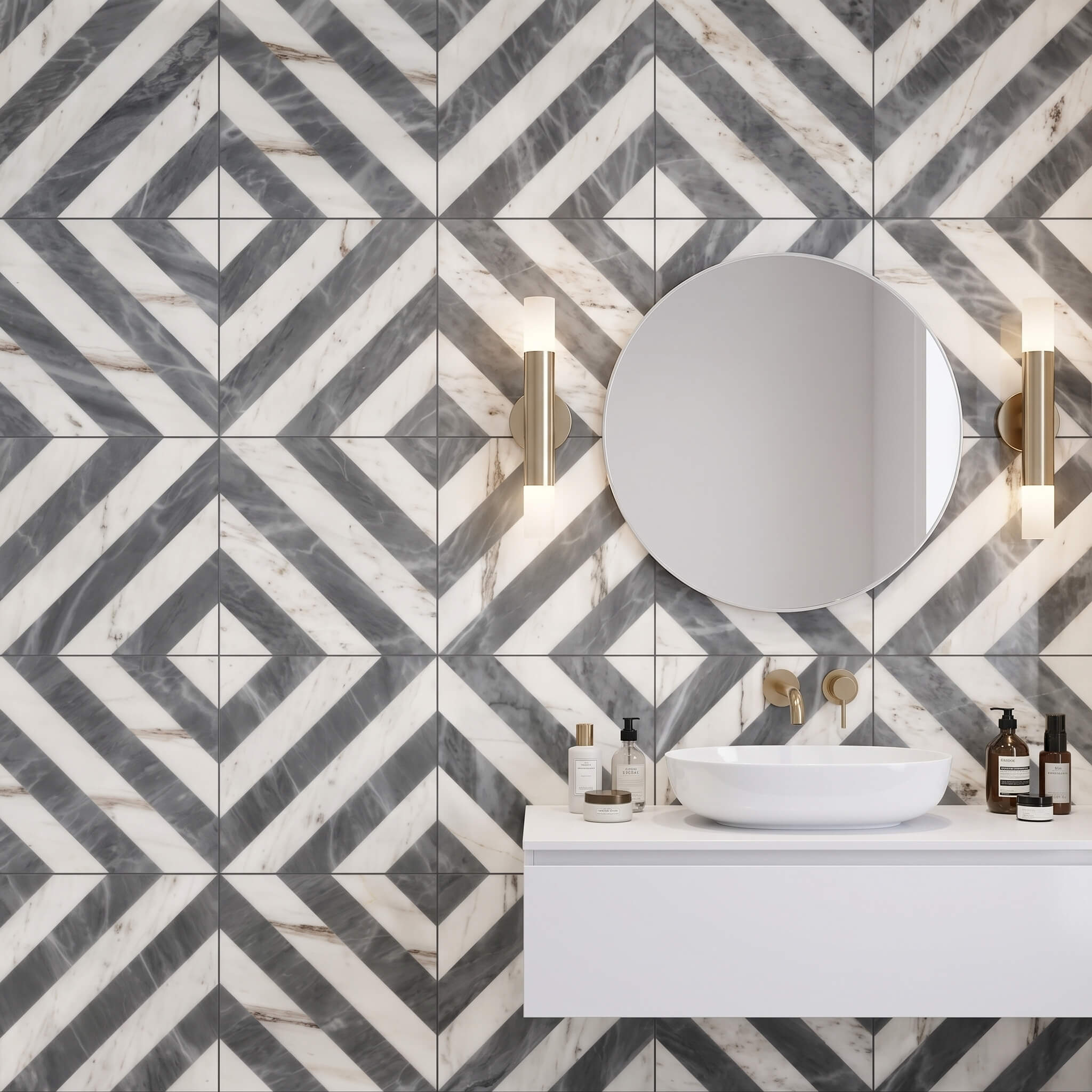 Close-up bathroom vanity feature wall featuring polished white and gray waterjet marble tile in concentric diamonds.