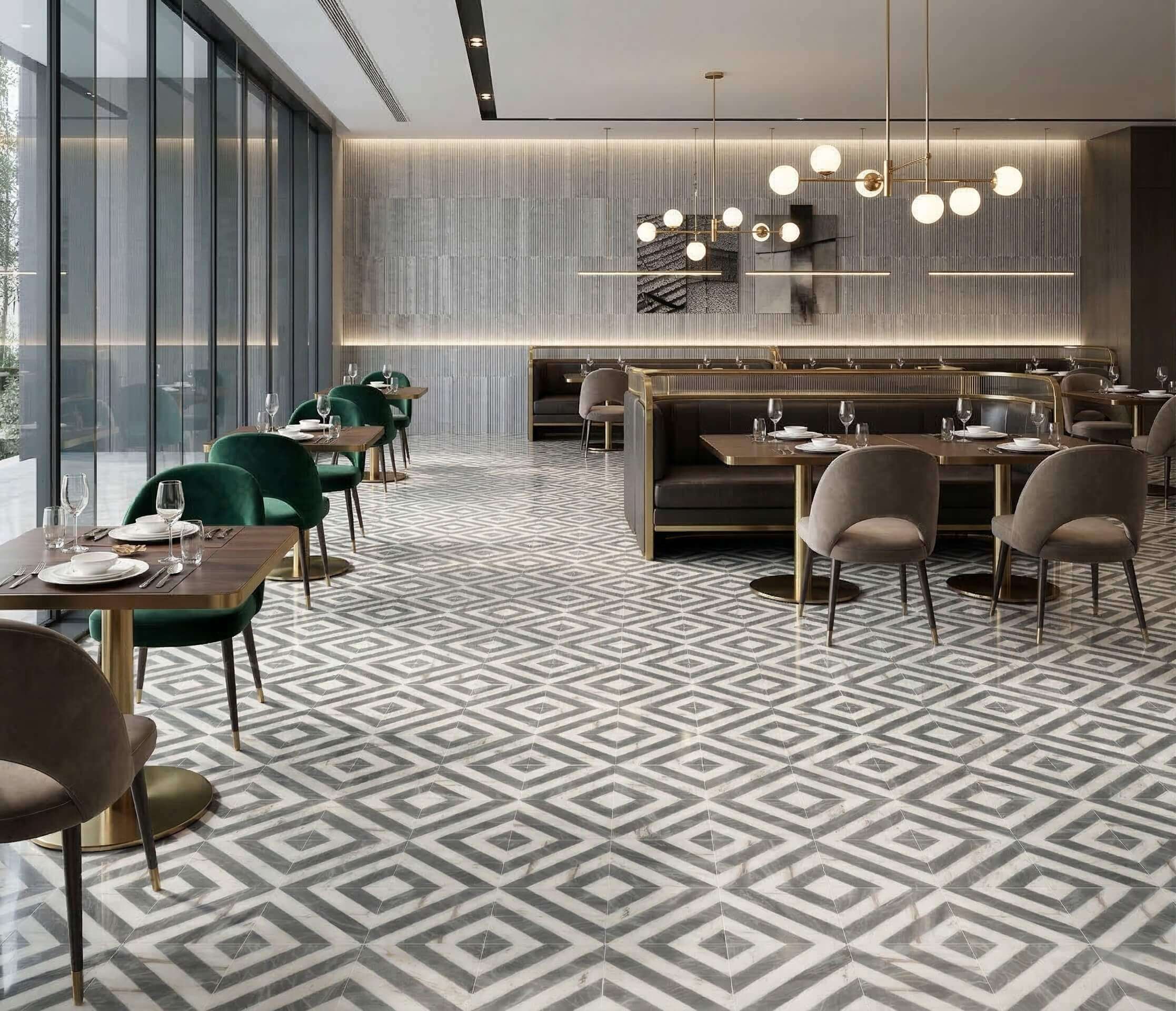 Luxury commercial restaurant dining area showcasing a full natural marble floor tiled in geometric diagonal stripes.