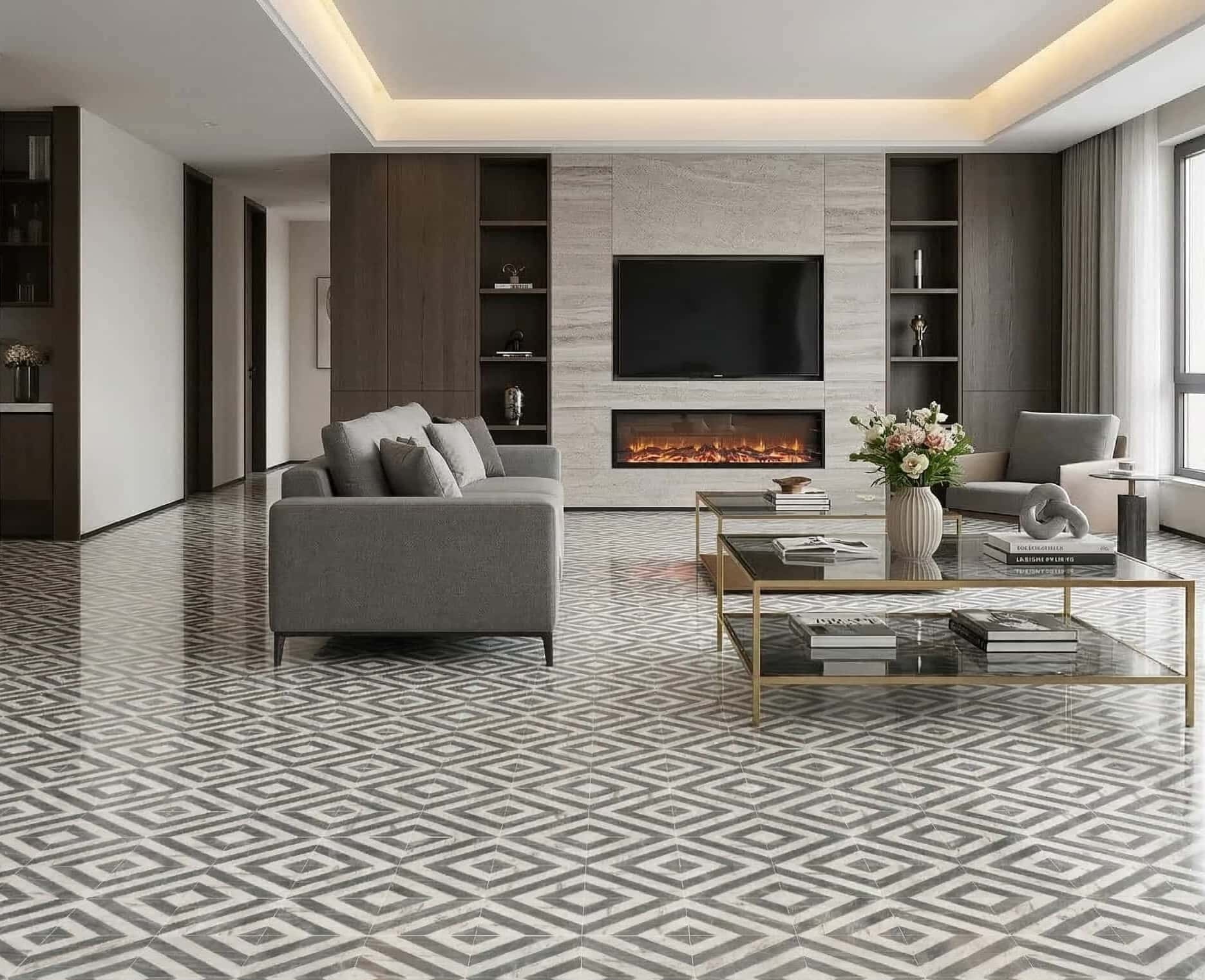 Open-concept contemporary living room floor finished with polished white and gray geometric waterjet marble tile.