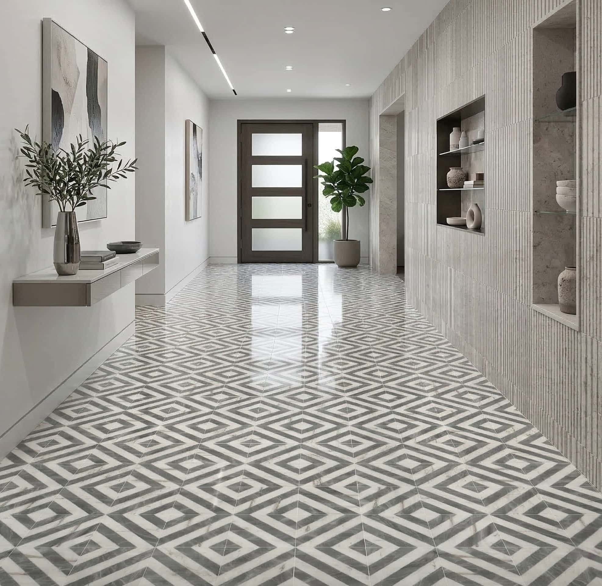 Modern interior corridor floor showcasing reflective polished white and gray waterjet marble tiles in geometric pattern.