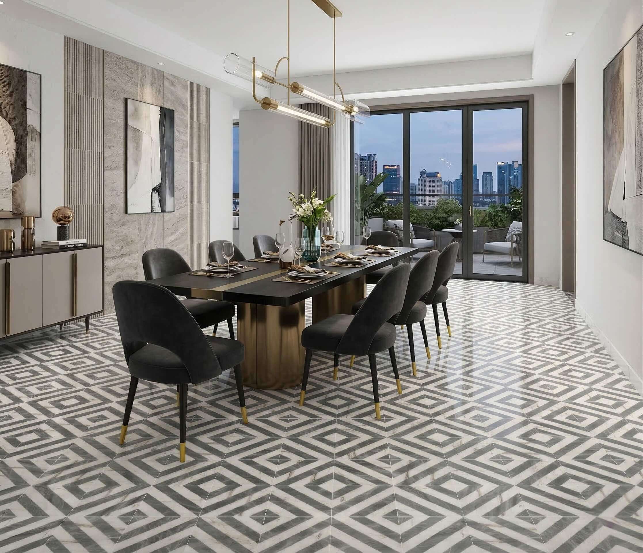Formal modern dining room with geometric concentric diamond floor using polished white and gray waterjet marble tiles.