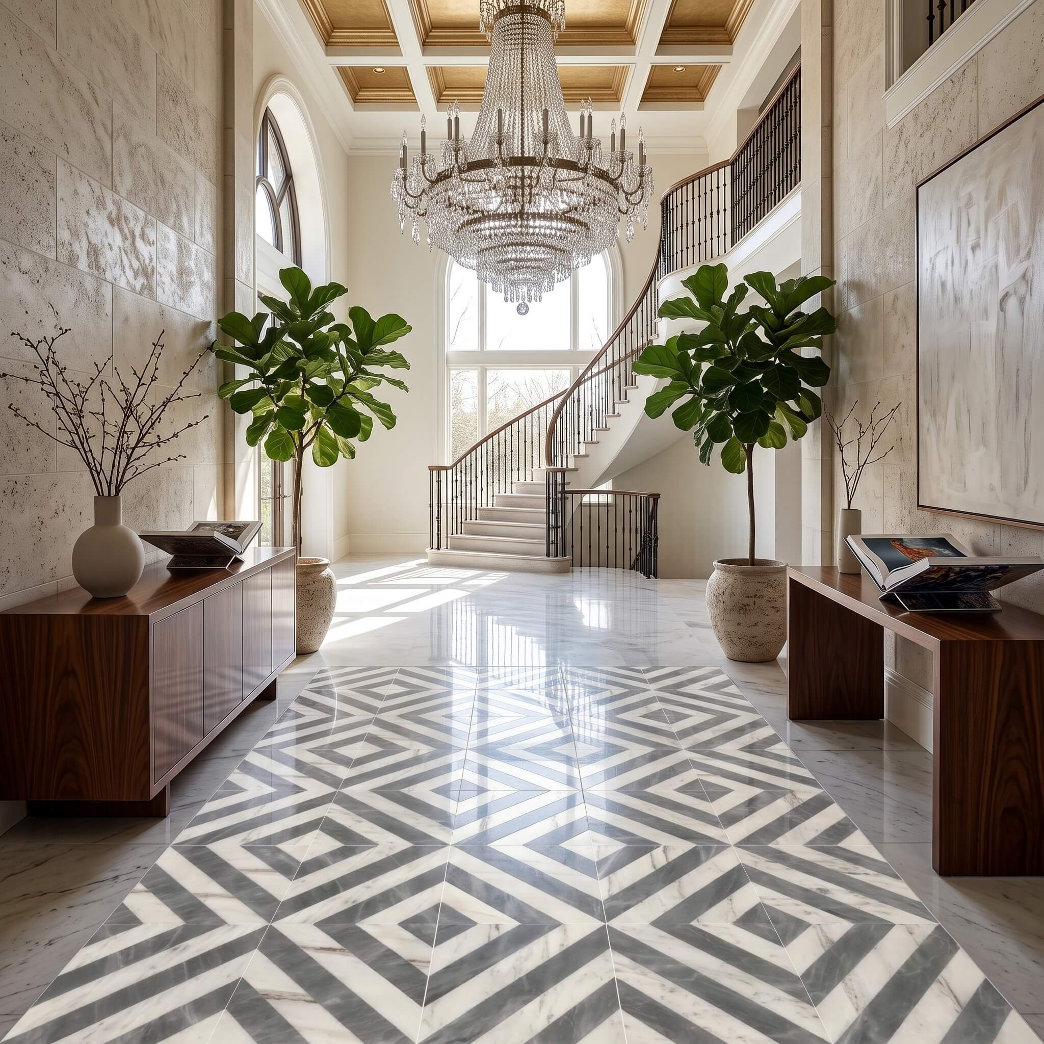 Grand foyer entrance floor lined with a central rug pattern using polished white and gray diagonal stripe marble tiles.