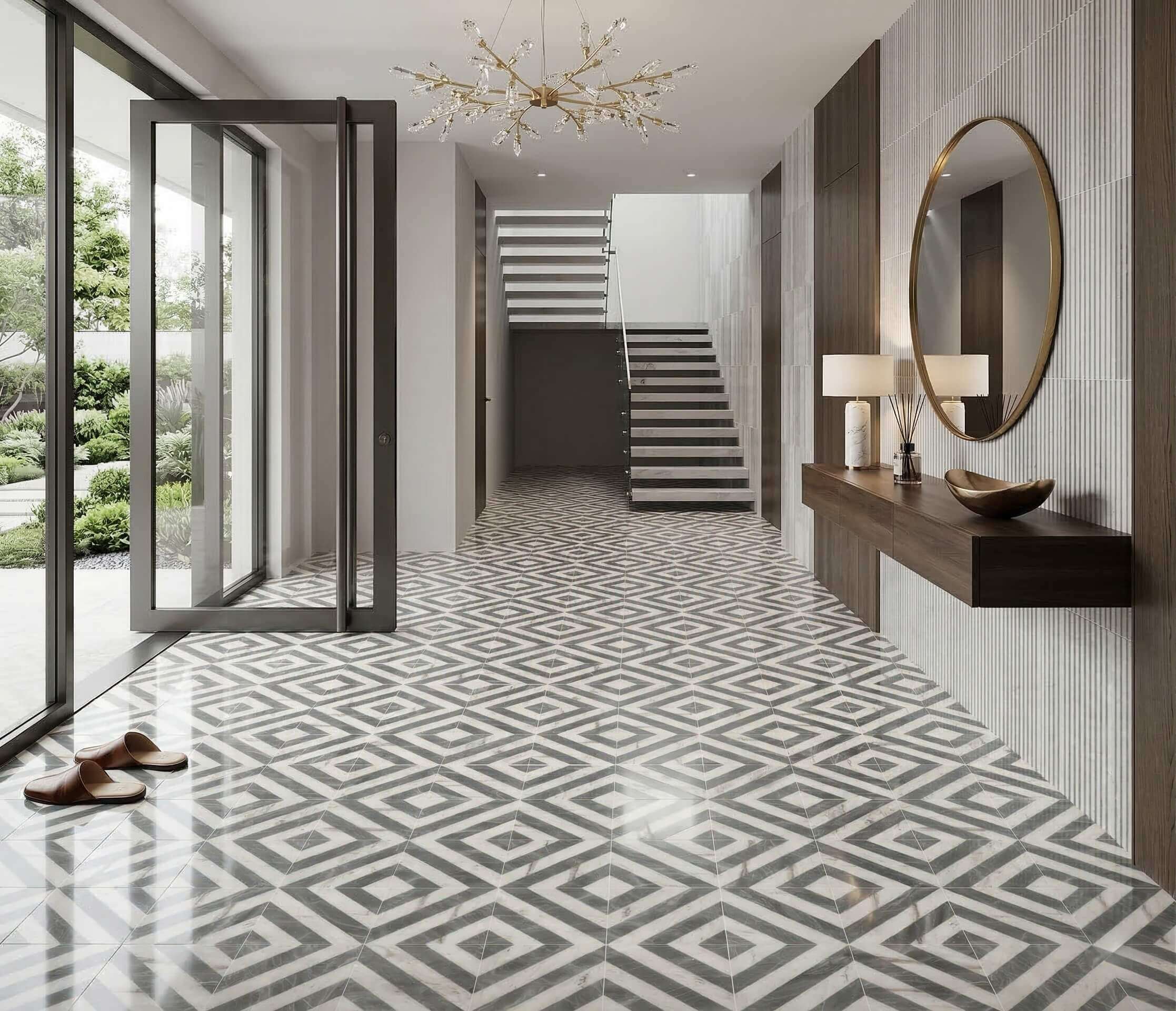 Architectural home entryway floor finished with polished white and gray geometric waterjet marble tile flooring.