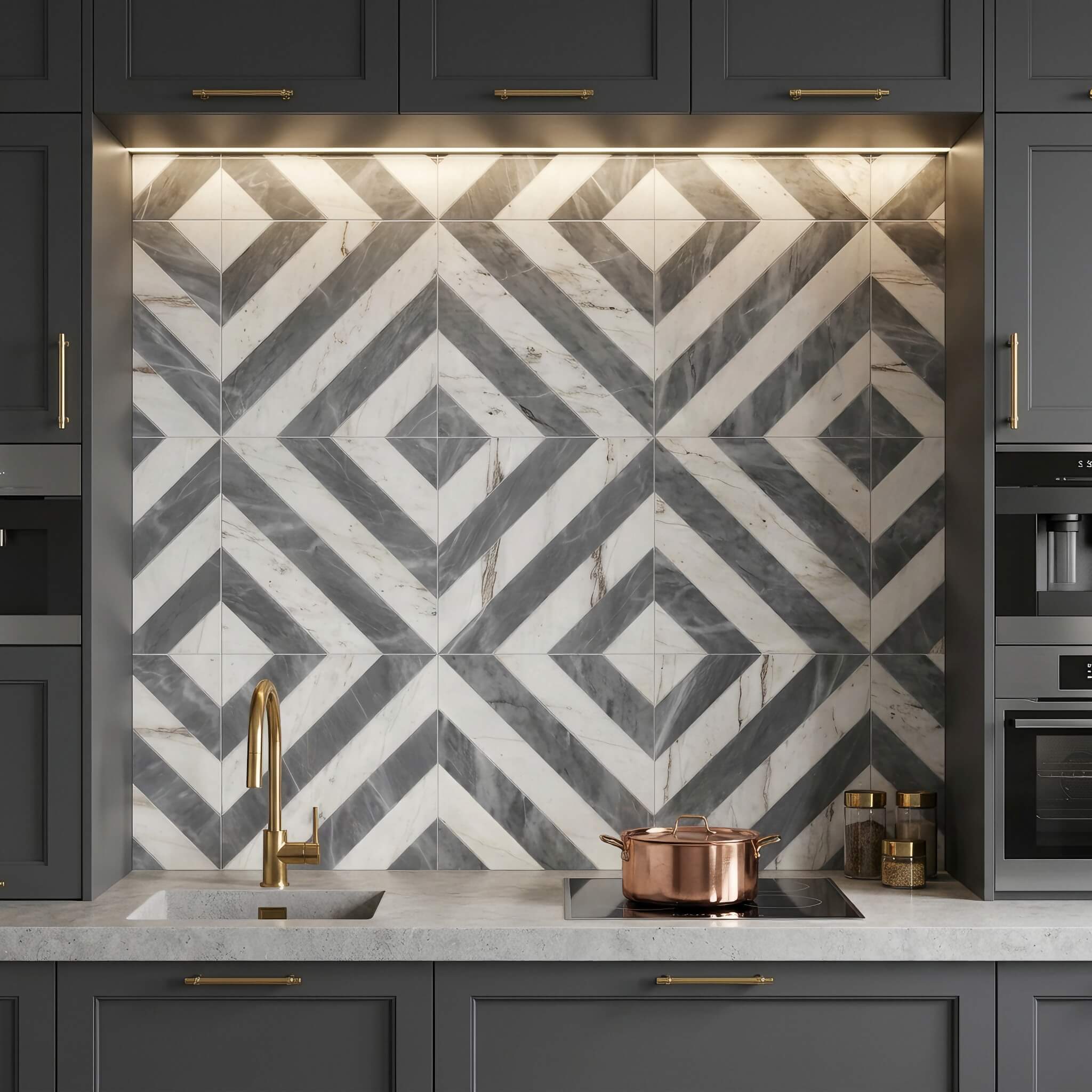 Luxury kitchen backsplash styled with polished white and gray waterjet marble tiles arranged in concentric diamonds.