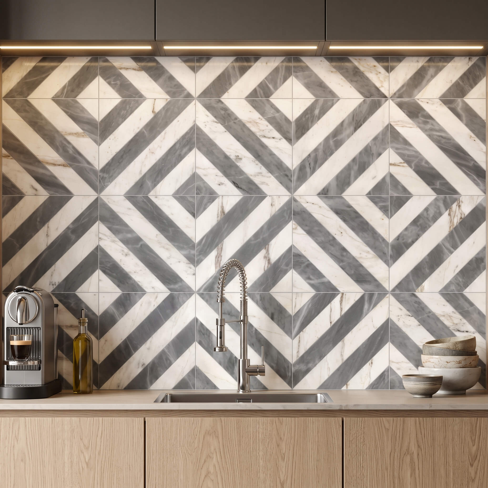 Kitchen wet bar backsplash highlighted with geometric white and gray waterjet marble tile in concentric diamonds.