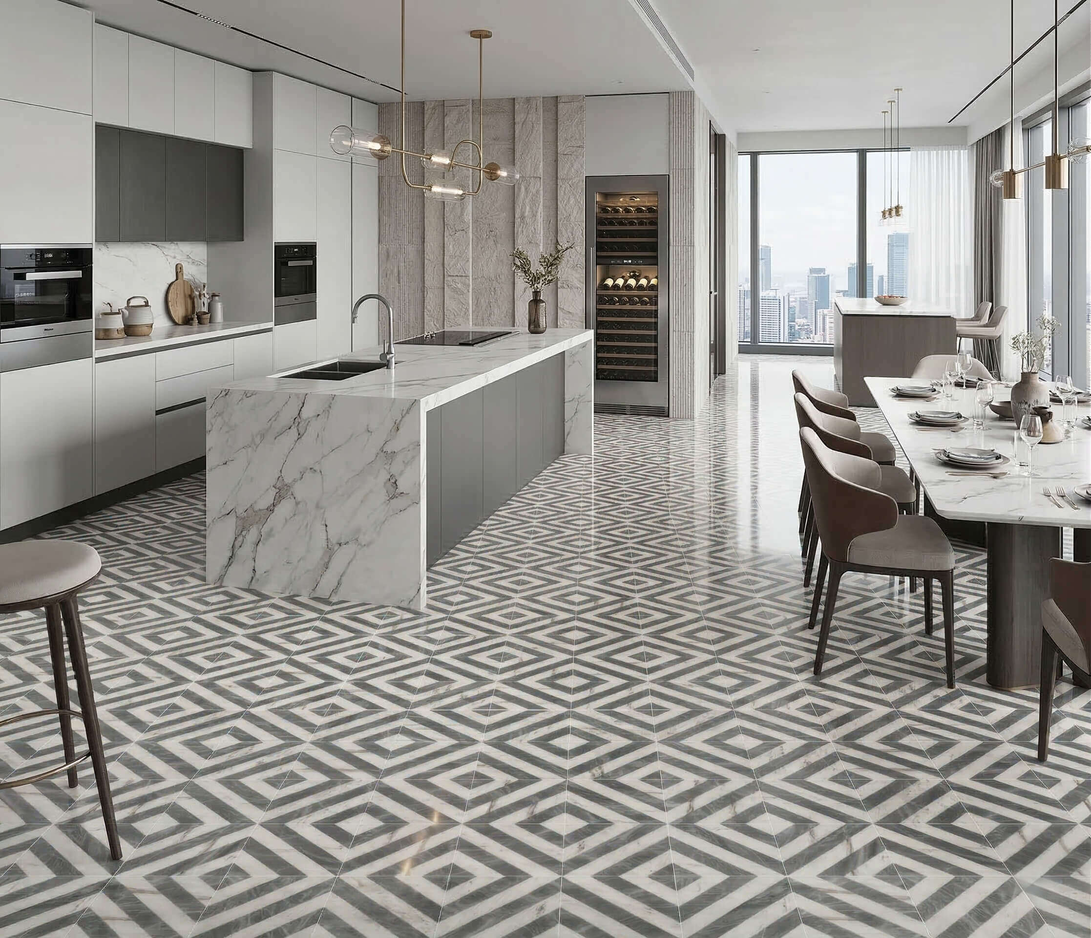 Open-concept kitchen and dining room floor featuring polished white and gray geometric waterjet marble tile layout.