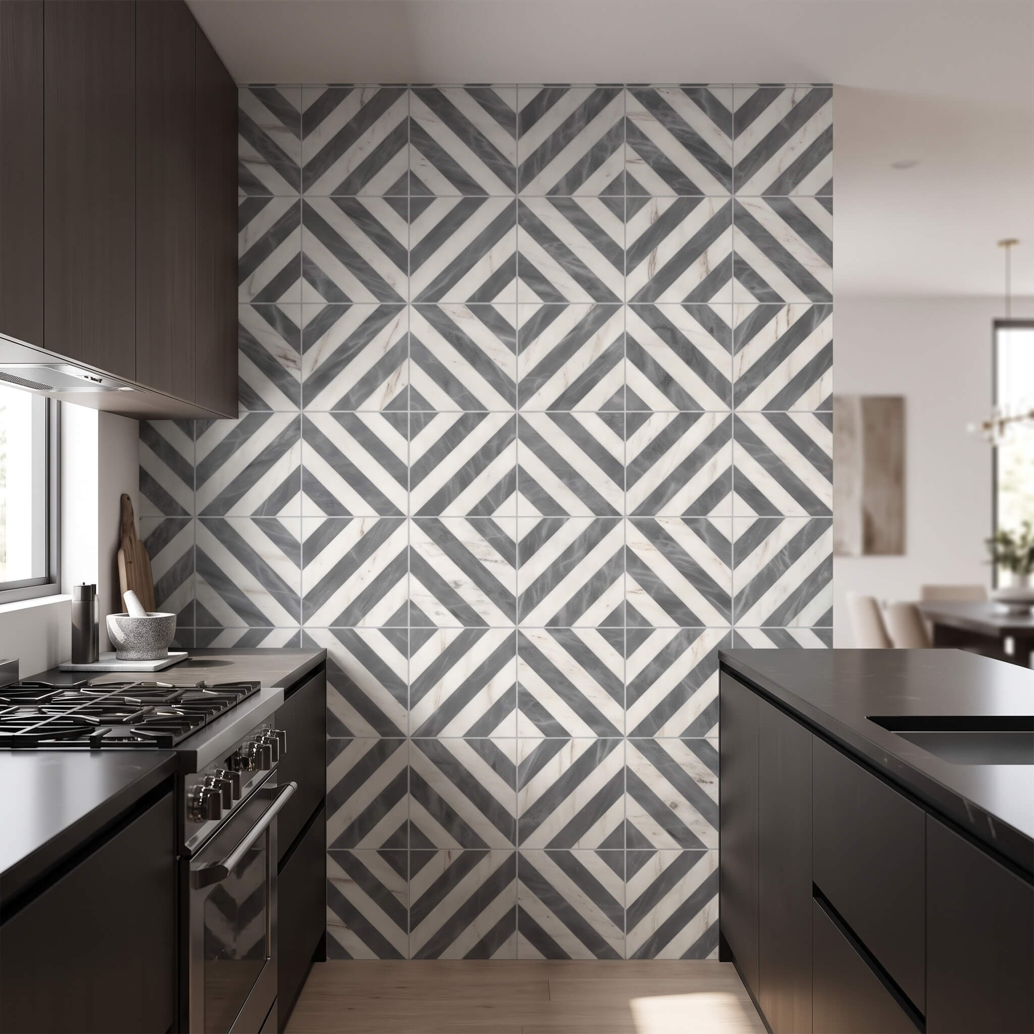 Contemporary galley kitchen featuring a striking geometric full-height focal wall made of polished marble tiles.