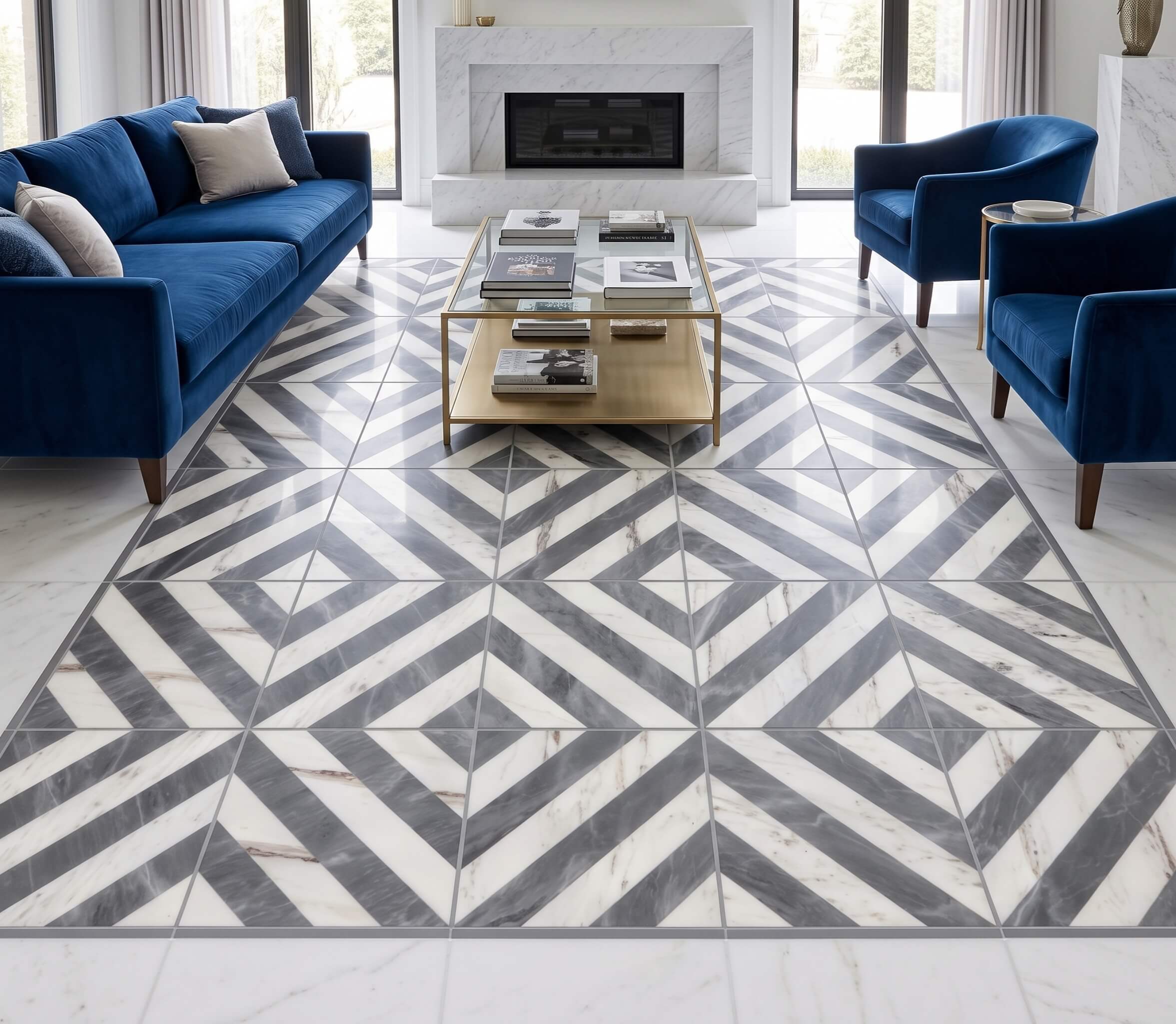 Modern living room with fireplace and blue sofas featuring a rug-style floor in white and gray waterjet marble tile.