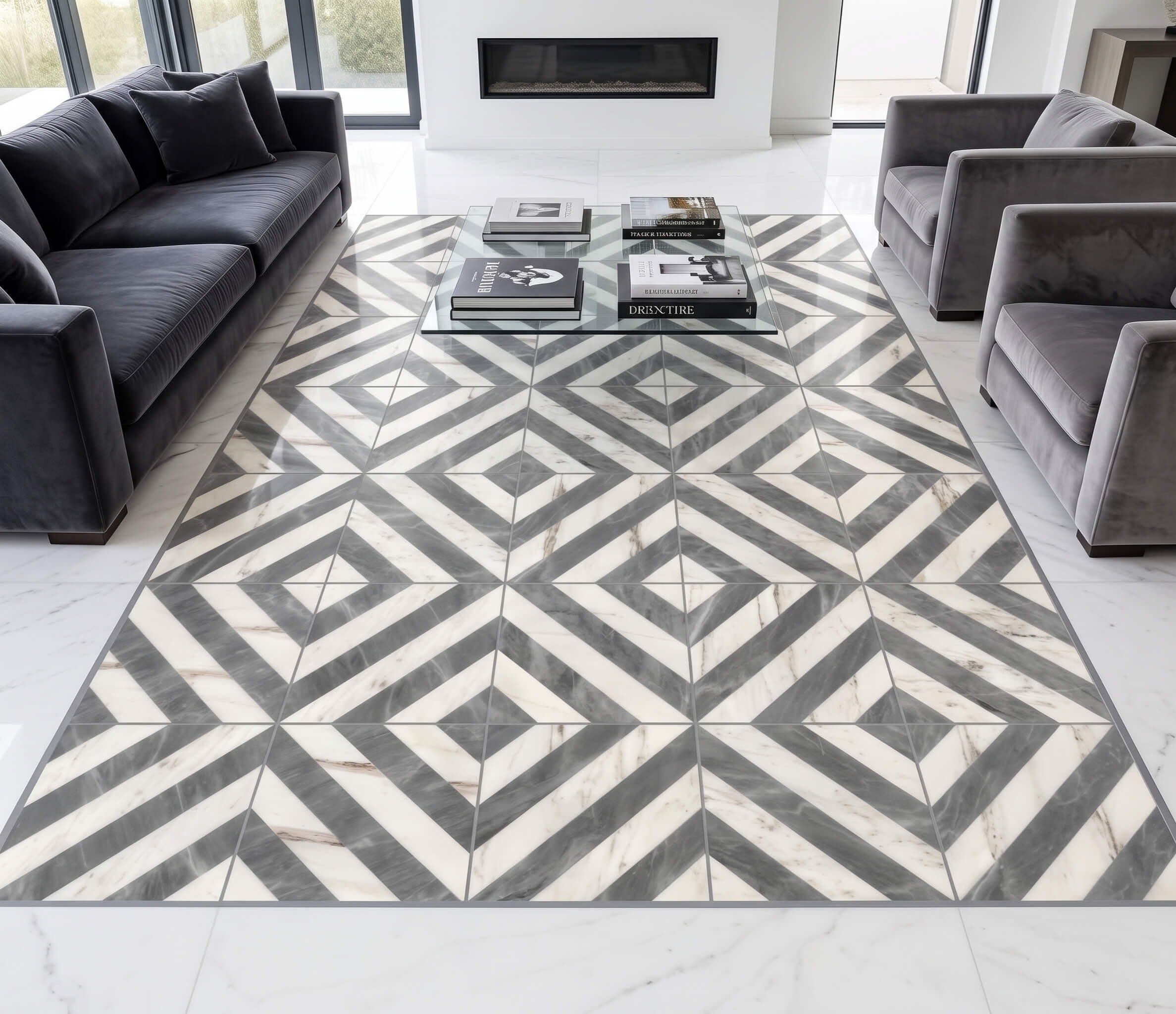 Modern living room floor decorated with geometric concentric diamond patterns made of white and gray marble tiles.
