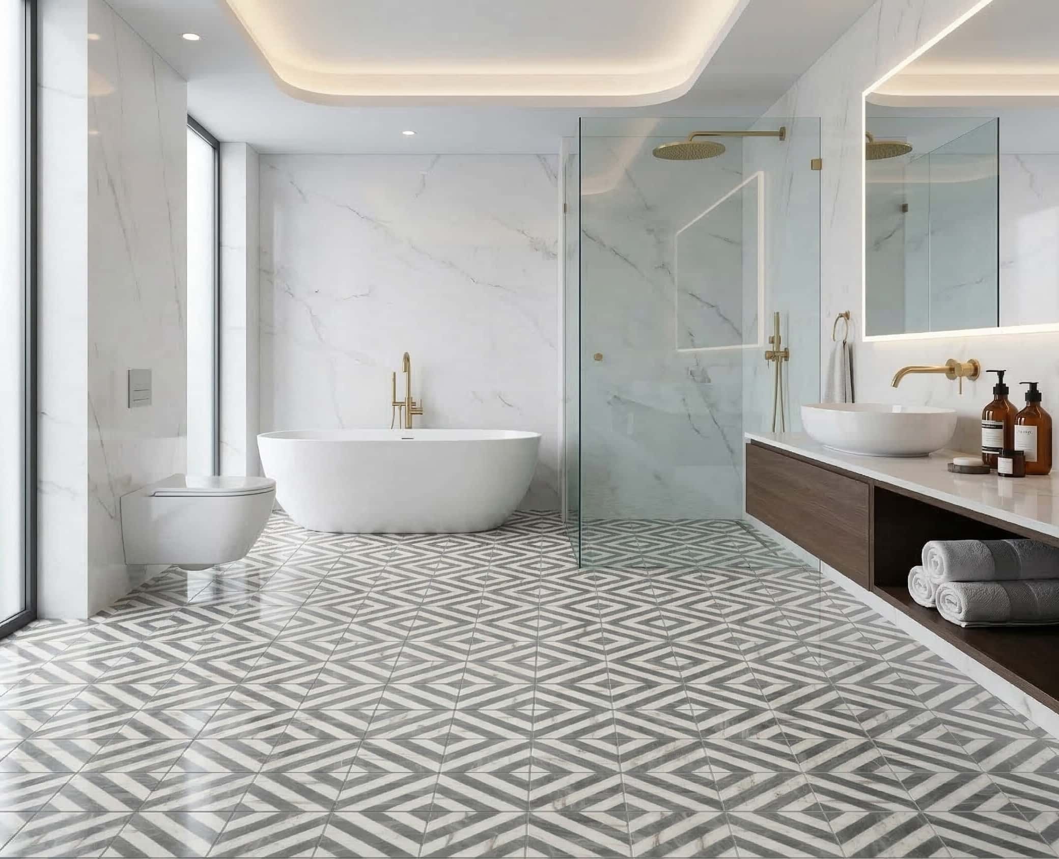 Luxurious master spa bathroom floor tiled with polished white and gray diagonal stripe waterjet natural marble.