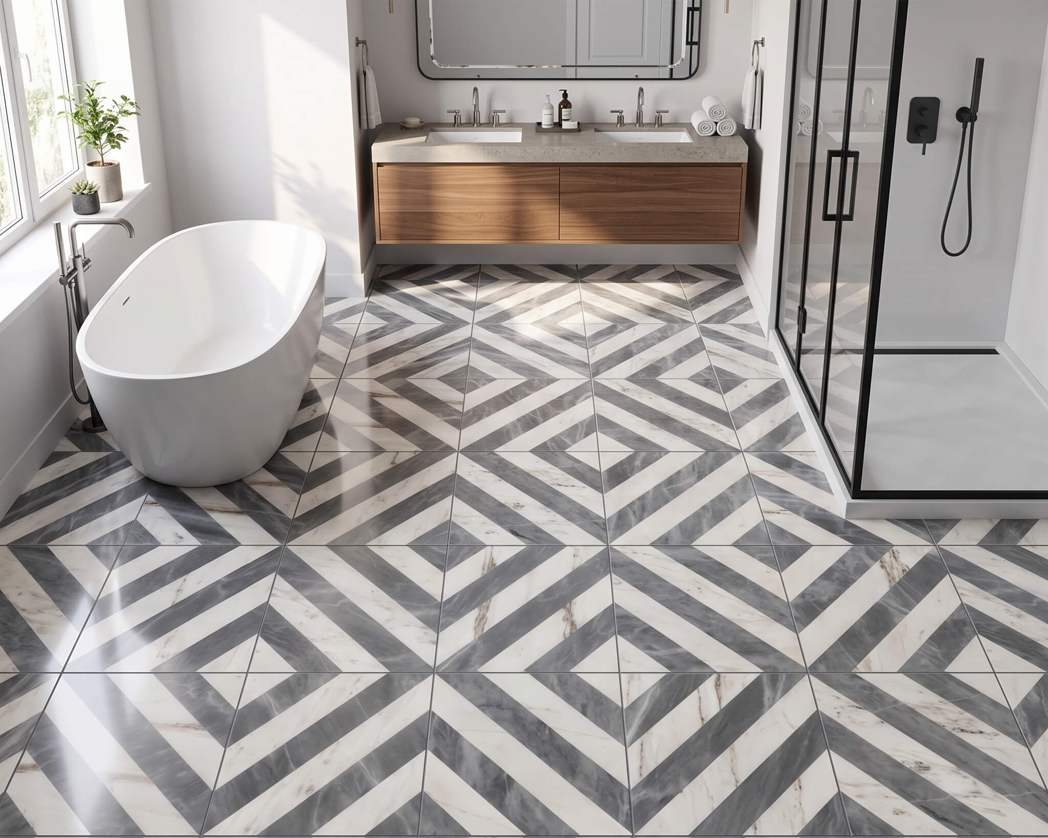 Primary bathroom floor covered in waterjet white and gray natural marble tiles configured into continuous diamonds.