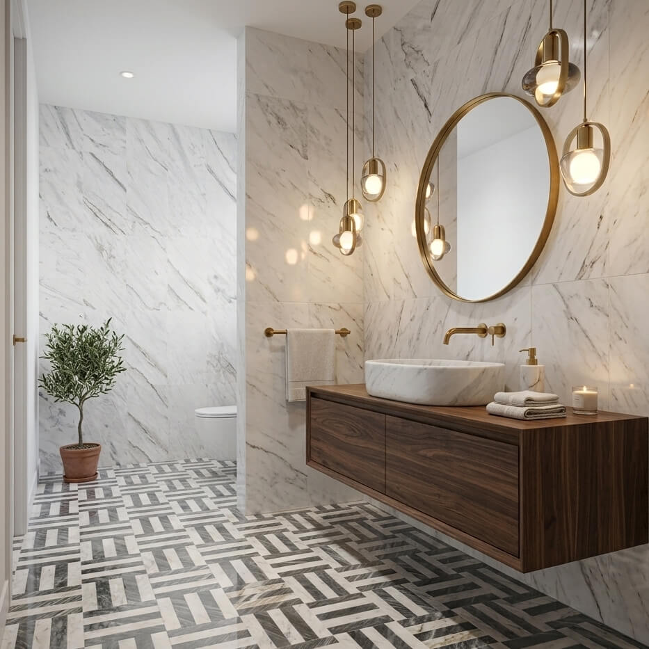 Bathroom with Snow Mountain White polished marble wall tiles, matte oval sink, and woven geometric marble floor tile.
