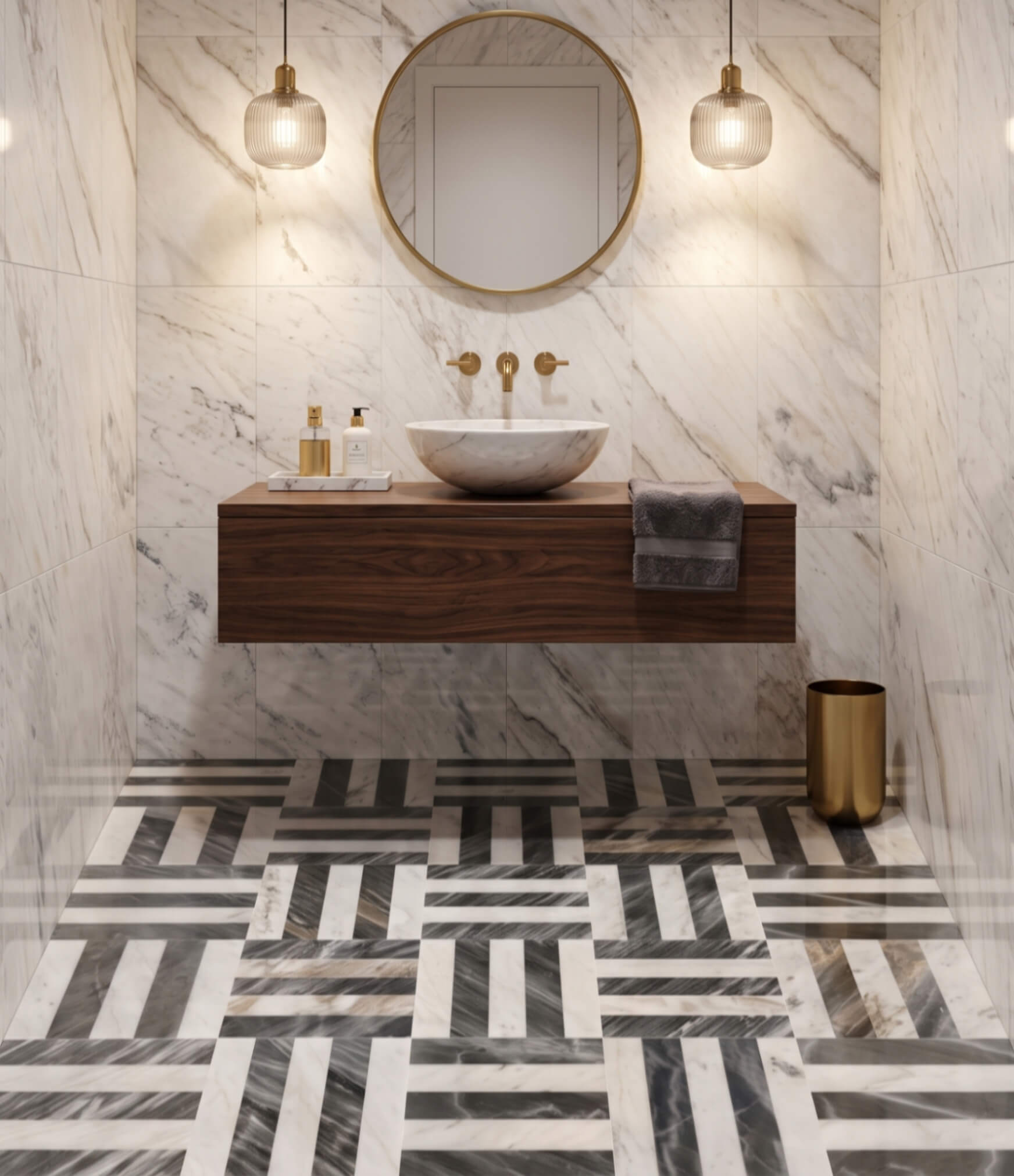 Powder room featuring Snow Mountain White polished wall tile, matte round vessel sink, and woven marble tile floor.