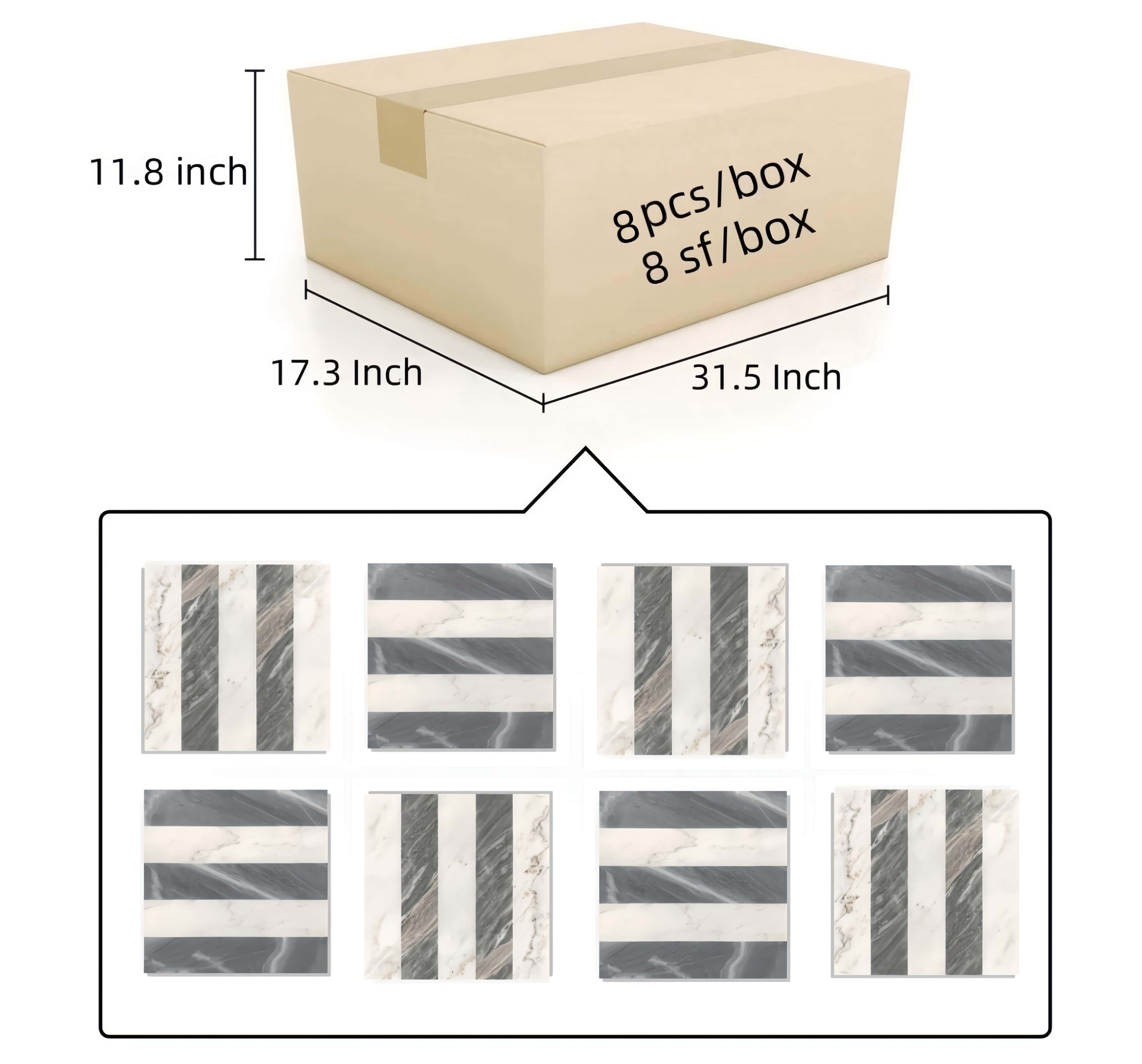 Outer box packaging specifications diagram showing 8 pieces per box covering 8 square feet with carton dimensions.