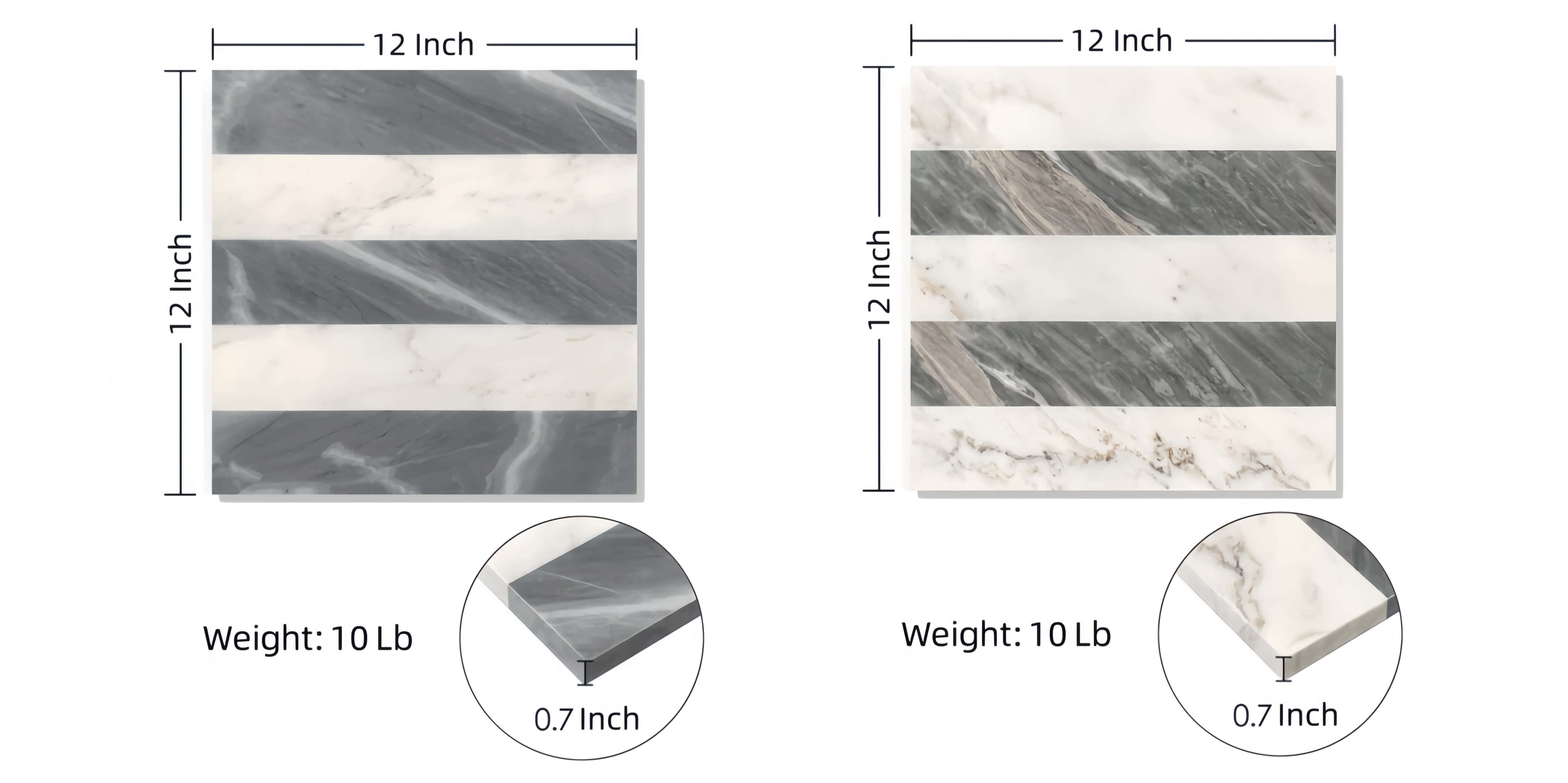 Dimension diagram for 12x12 inch waterjet marble tile showing 0.7-inch thickness and 10-pound unit weight specs.