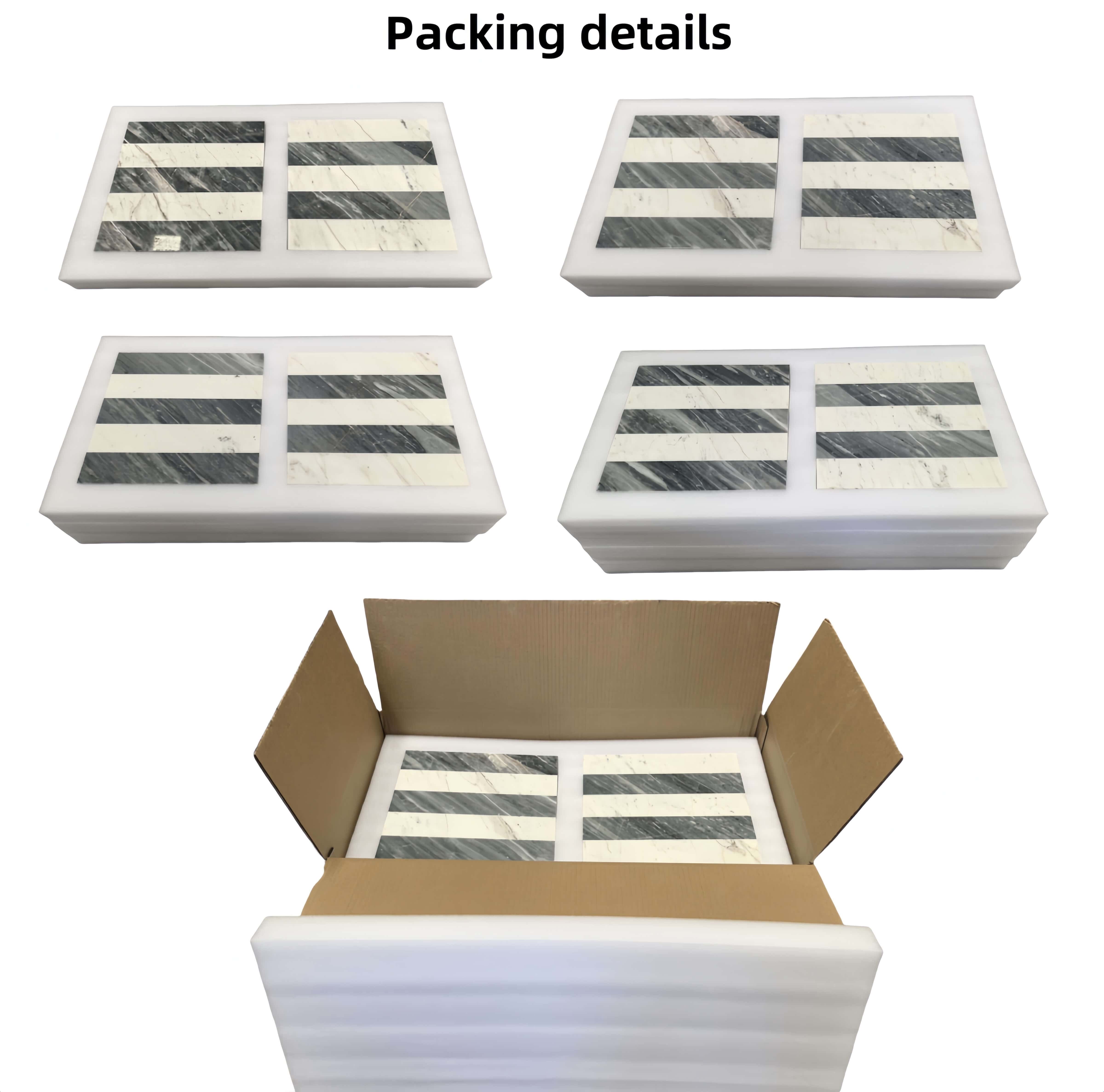 Custom high-density foam packaging enclosures protecting Snow Mountain White and Carrara Gray marble tiles during shipping.