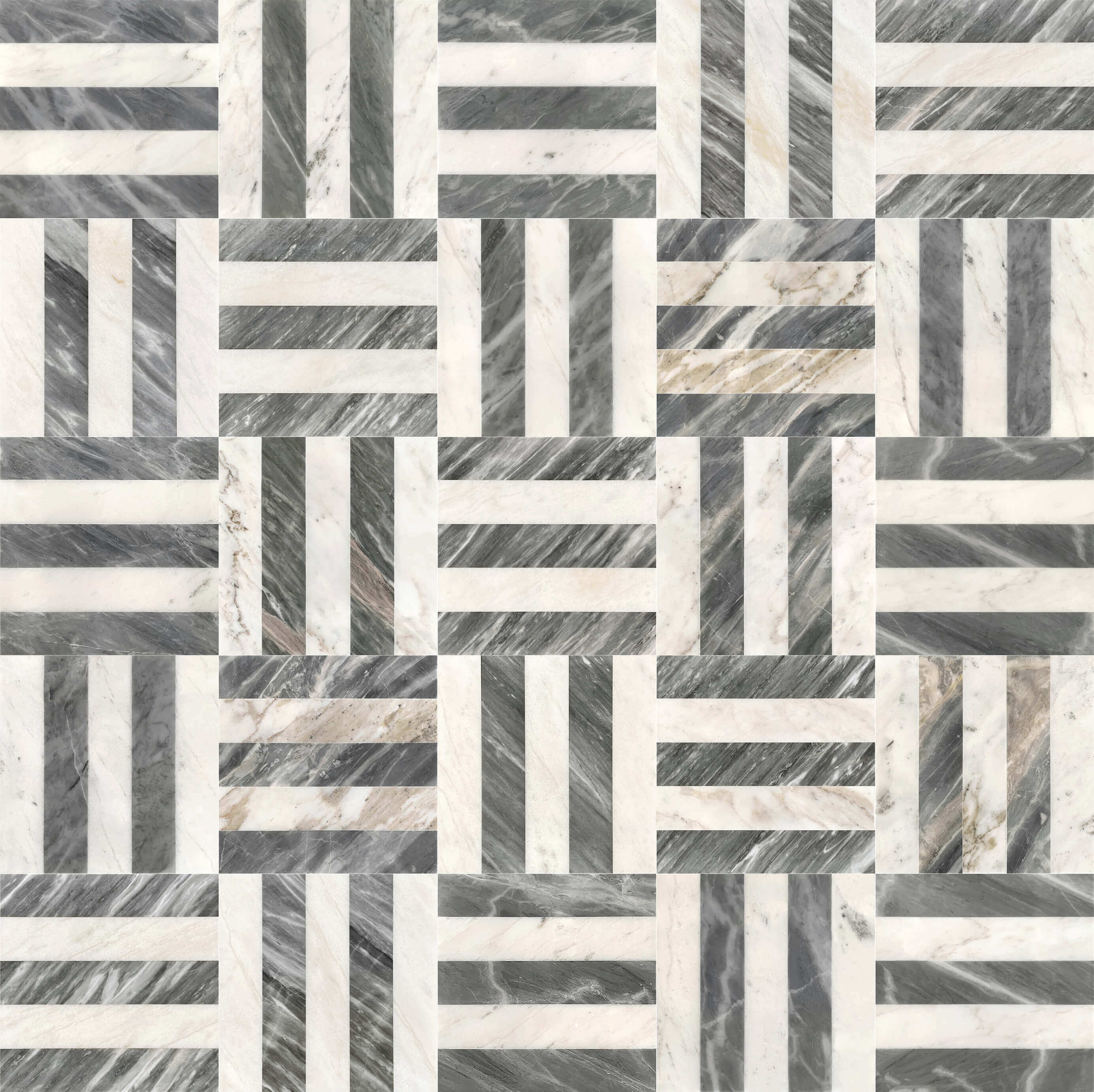 Assembled woven basketweave geometric floor pattern created by alternating Snow Mountain White and Carrara Gray marble tiles.