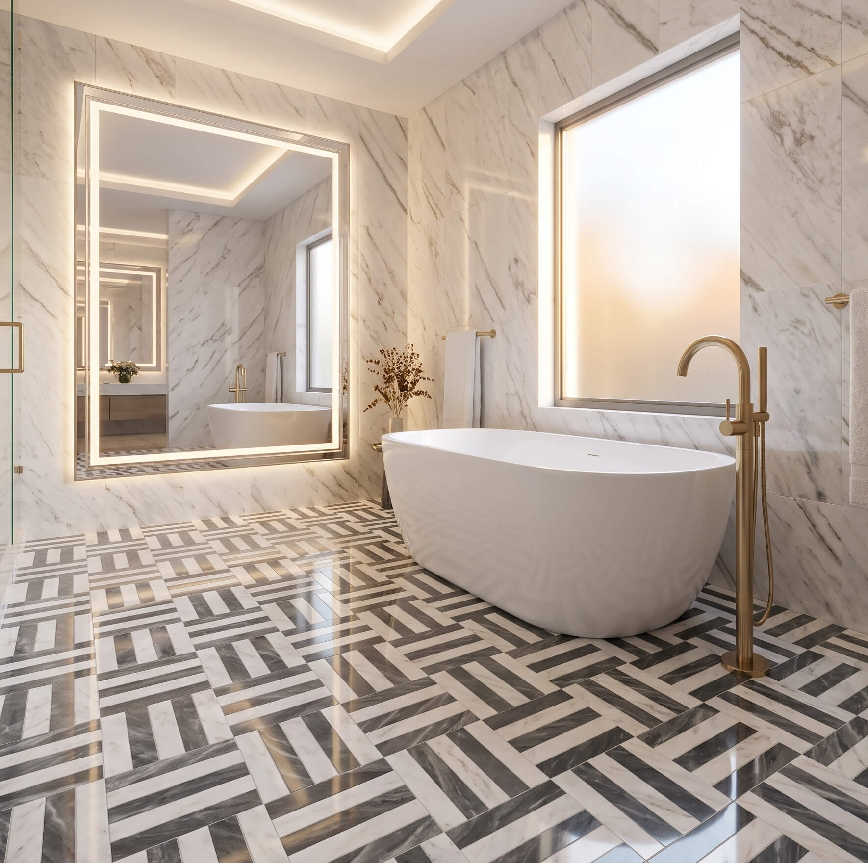 Luxury master bathroom floor paved with Snow Mountain White and Carrara Gray woven pattern waterjet marble tiles.