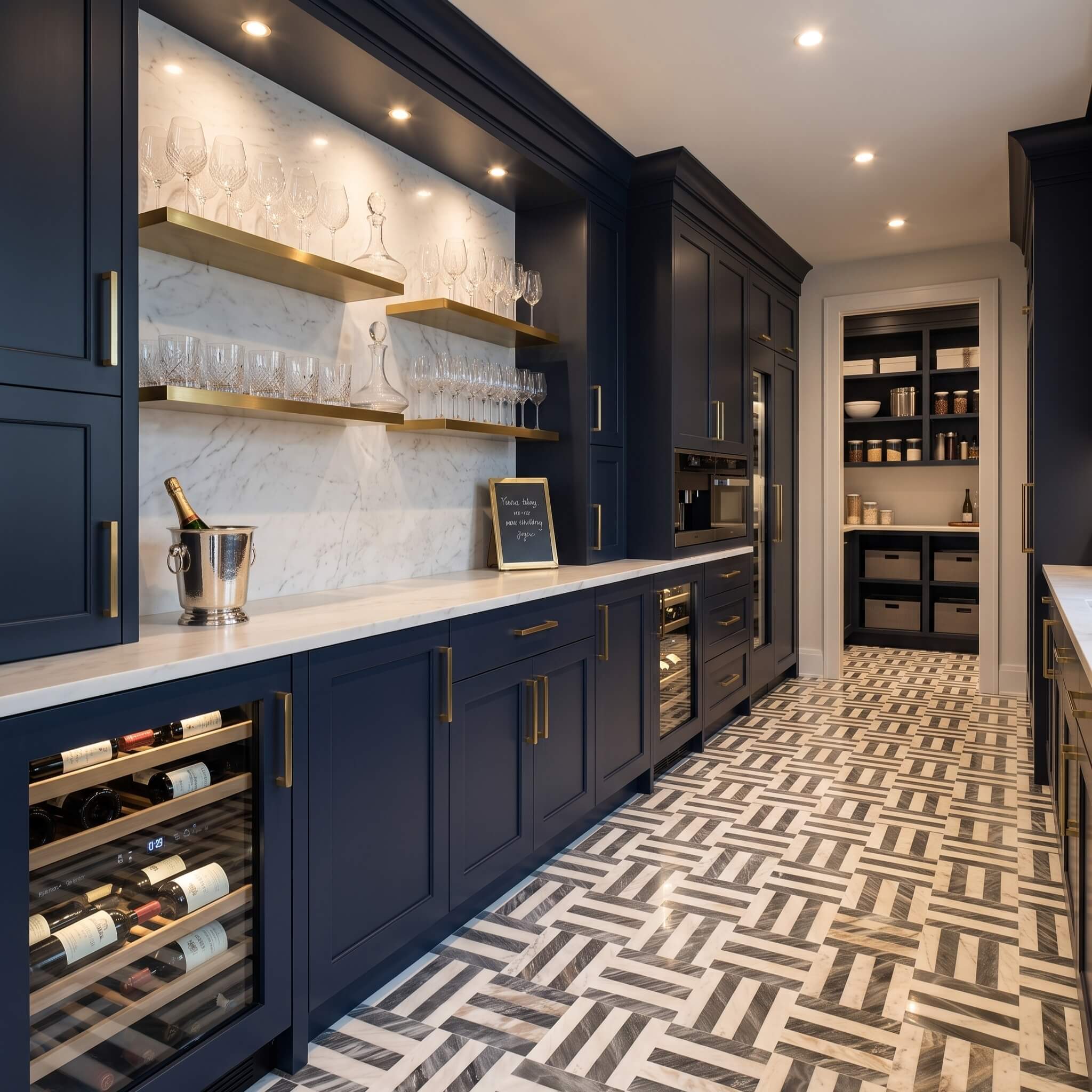 Bespoke navy blue butler pantry floor tiled with Snow Mountain White and Carrara Gray woven geometric marble tiles.