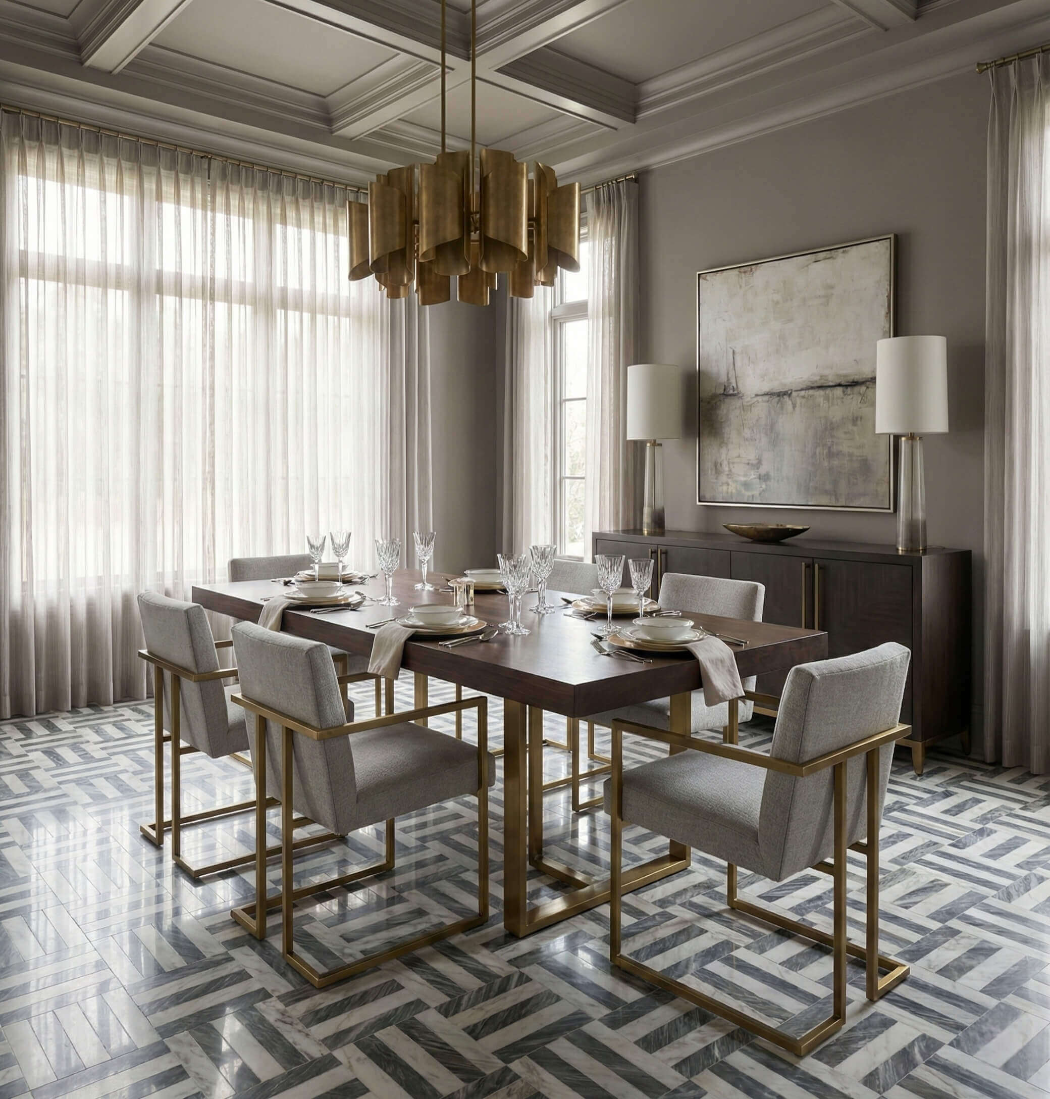 Formal dining room with brass chandelier and polished Snow Mountain White and Carrara Gray woven marble floor tiles.