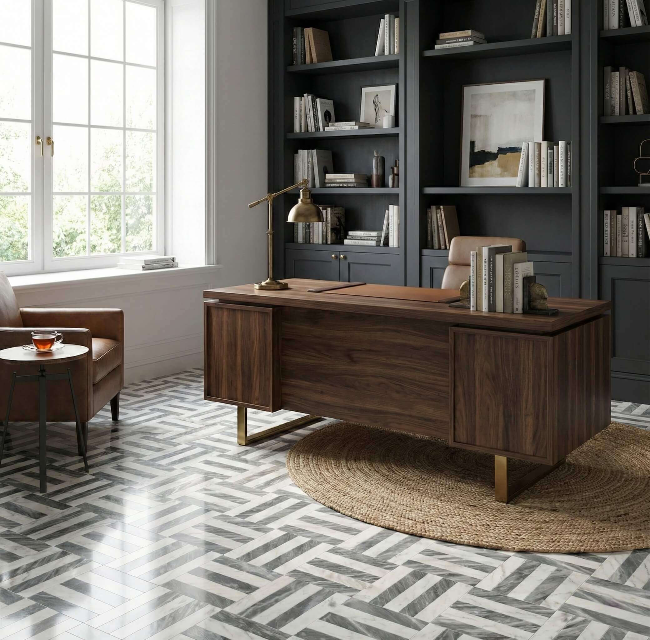 Executive home office study featuring dark built-in bookcases and Snow Mountain White Carrara Gray marble floor tiles.