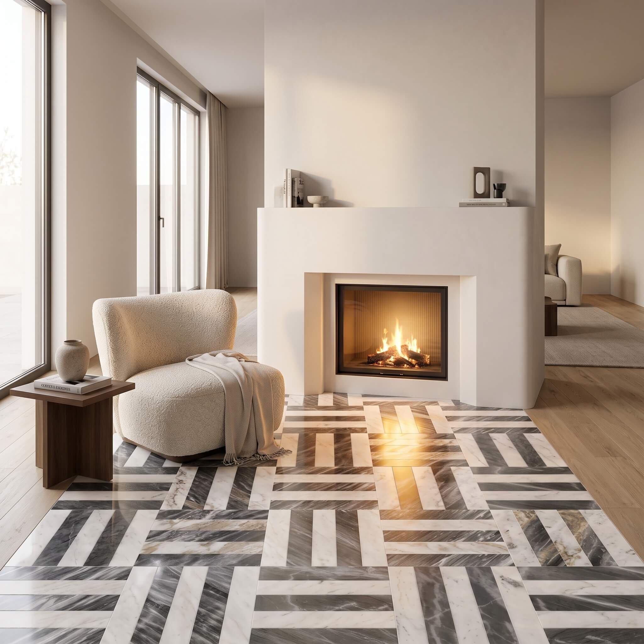 Modern living room fireplace hearth inlaid with Snow Mountain White and Carrara Gray woven geometric marble floor tiles.