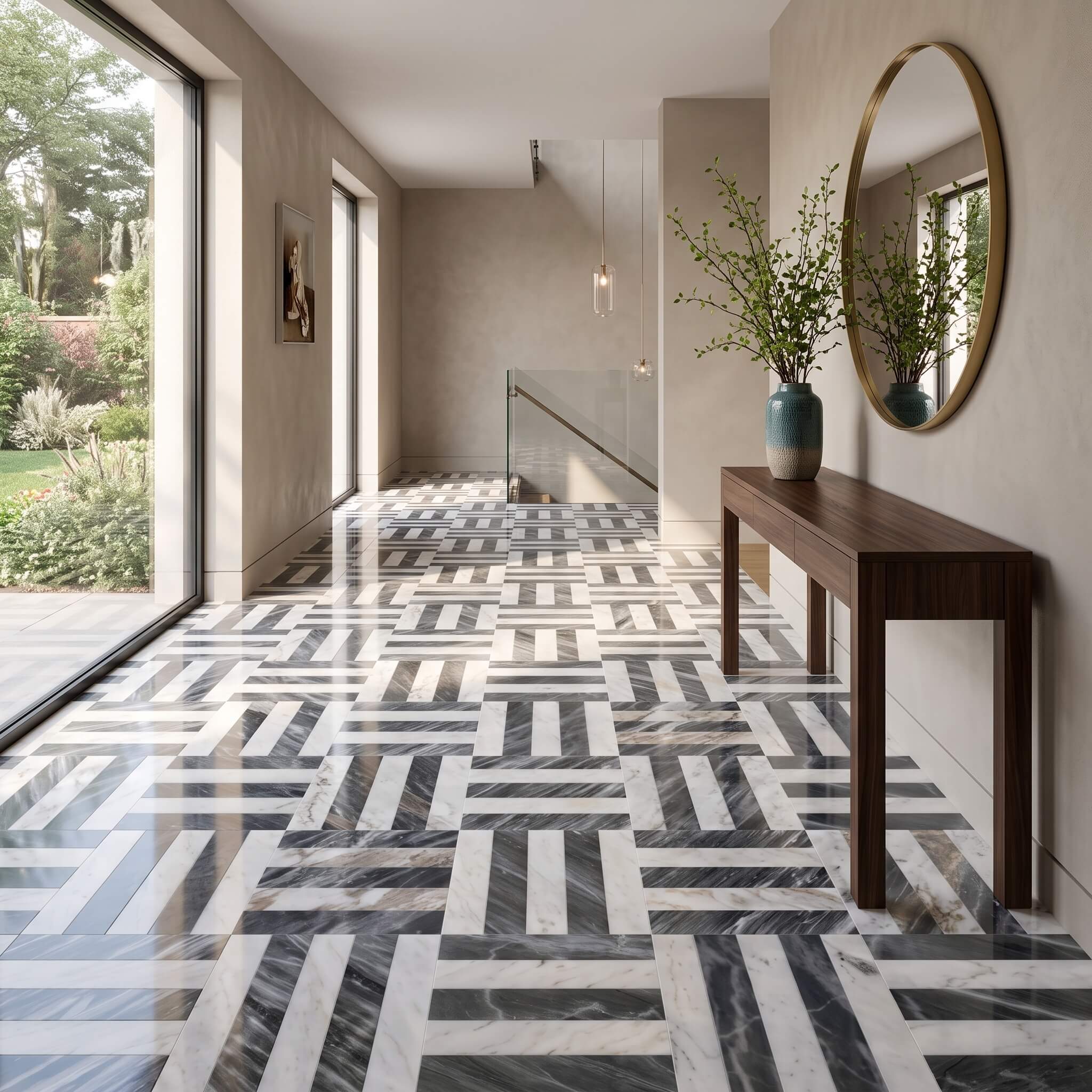 Modern foyer entryway featuring reflective Snow Mountain White and Carrara Gray woven geometric marble floor tiles.