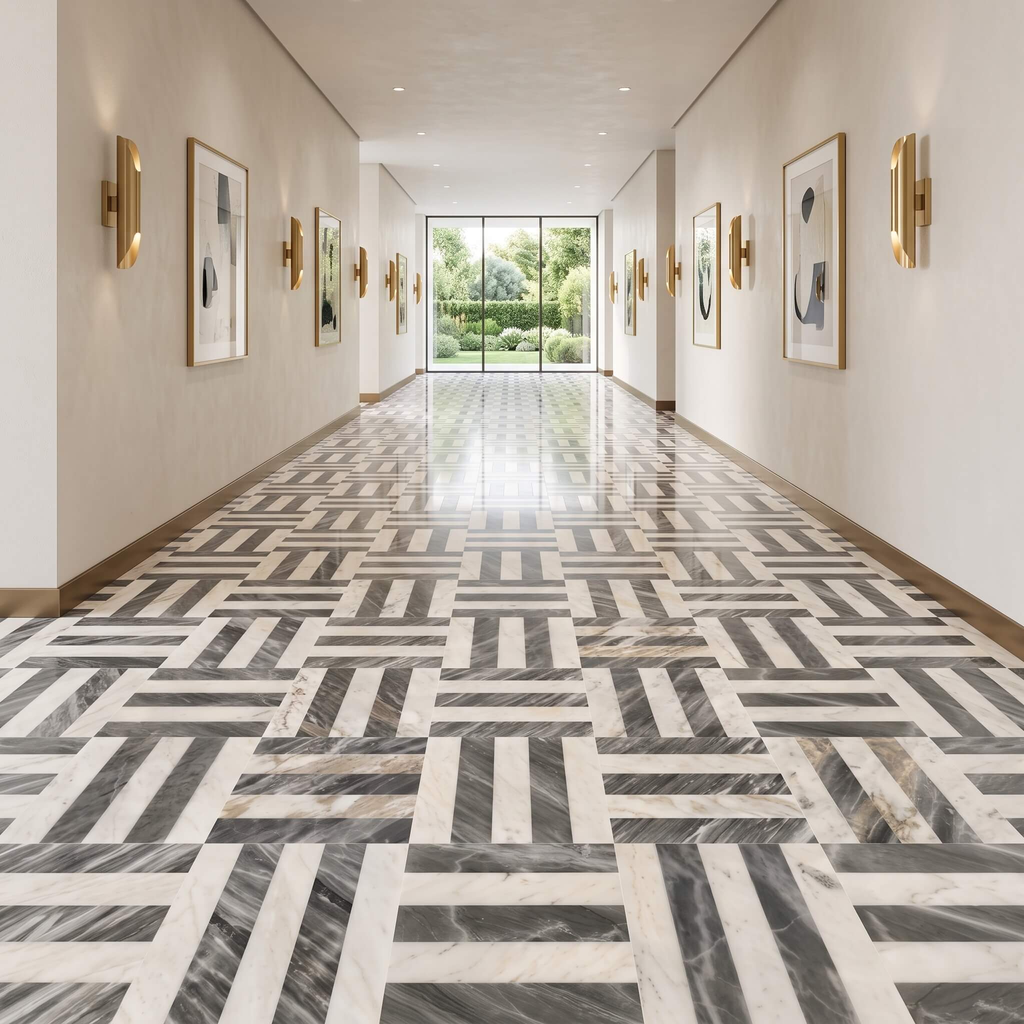 Polished Snow Mountain White and Carrara Gray woven marble floor tile in a bright gallery corridor with sconces.