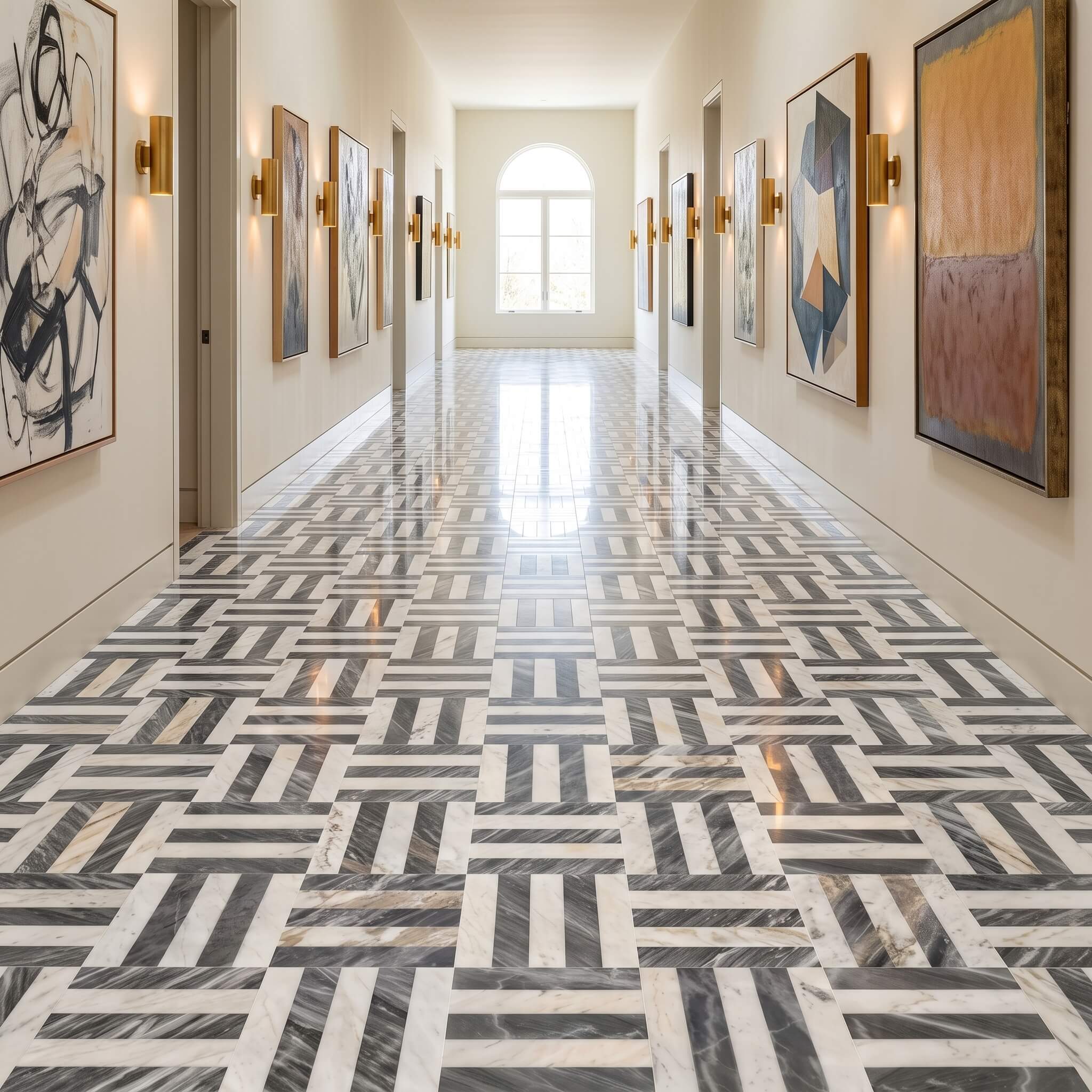 Elegant residential hallway featuring polished Snow Mountain White and Carrara Gray woven waterjet marble floor tiles.