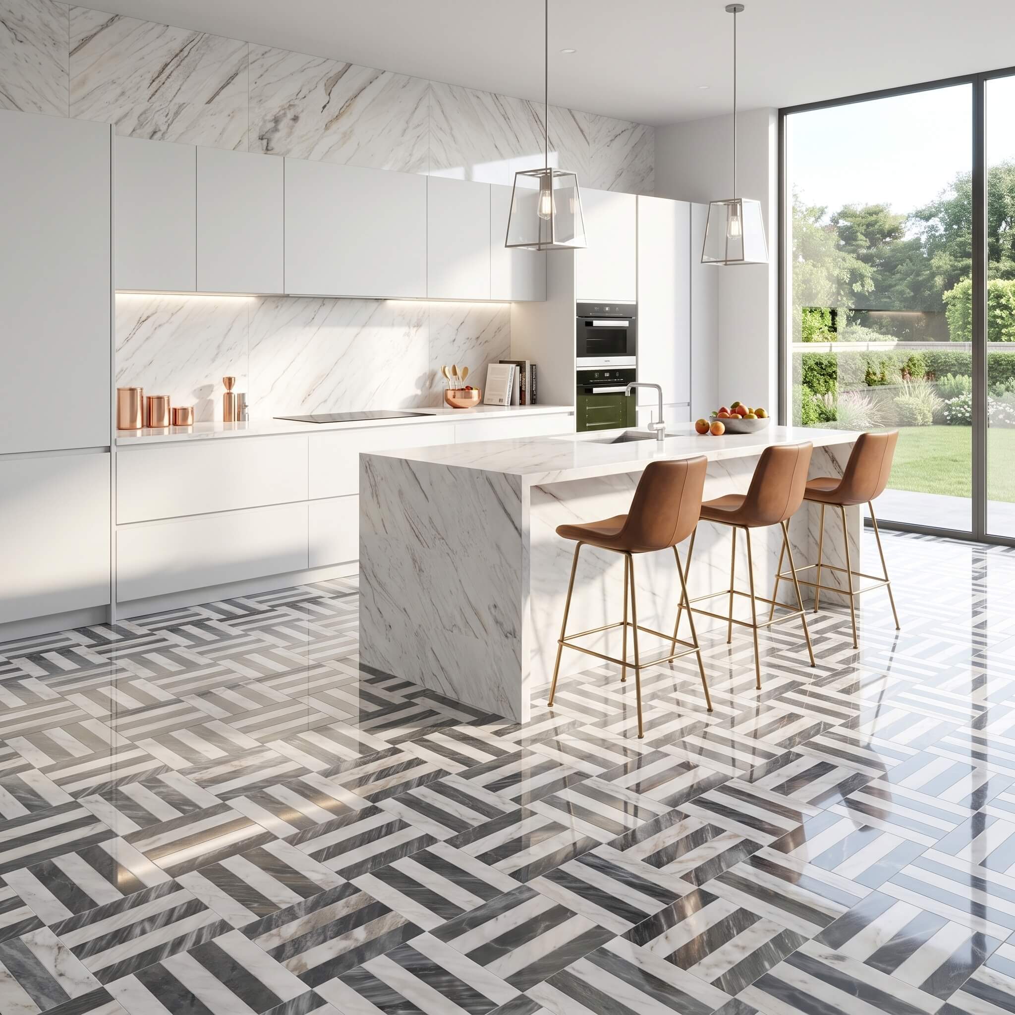 Contemporary sunlit kitchen with marble island and Snow Mountain White and Carrara Gray woven pattern floor tiles.