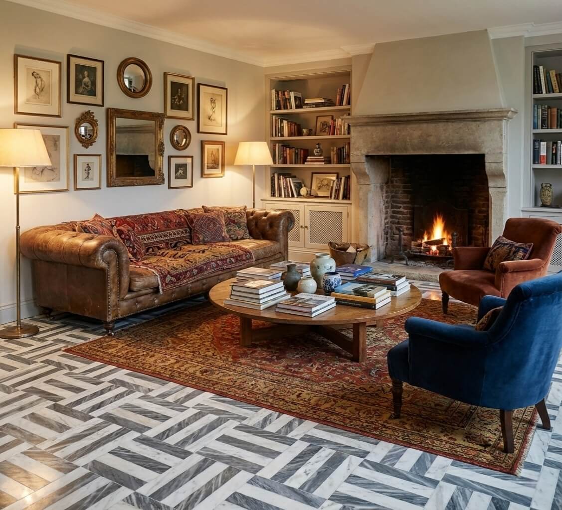 Classic transitional living room with stone fireplace and Snow Mountain White and Carrara Gray woven marble flooring.
