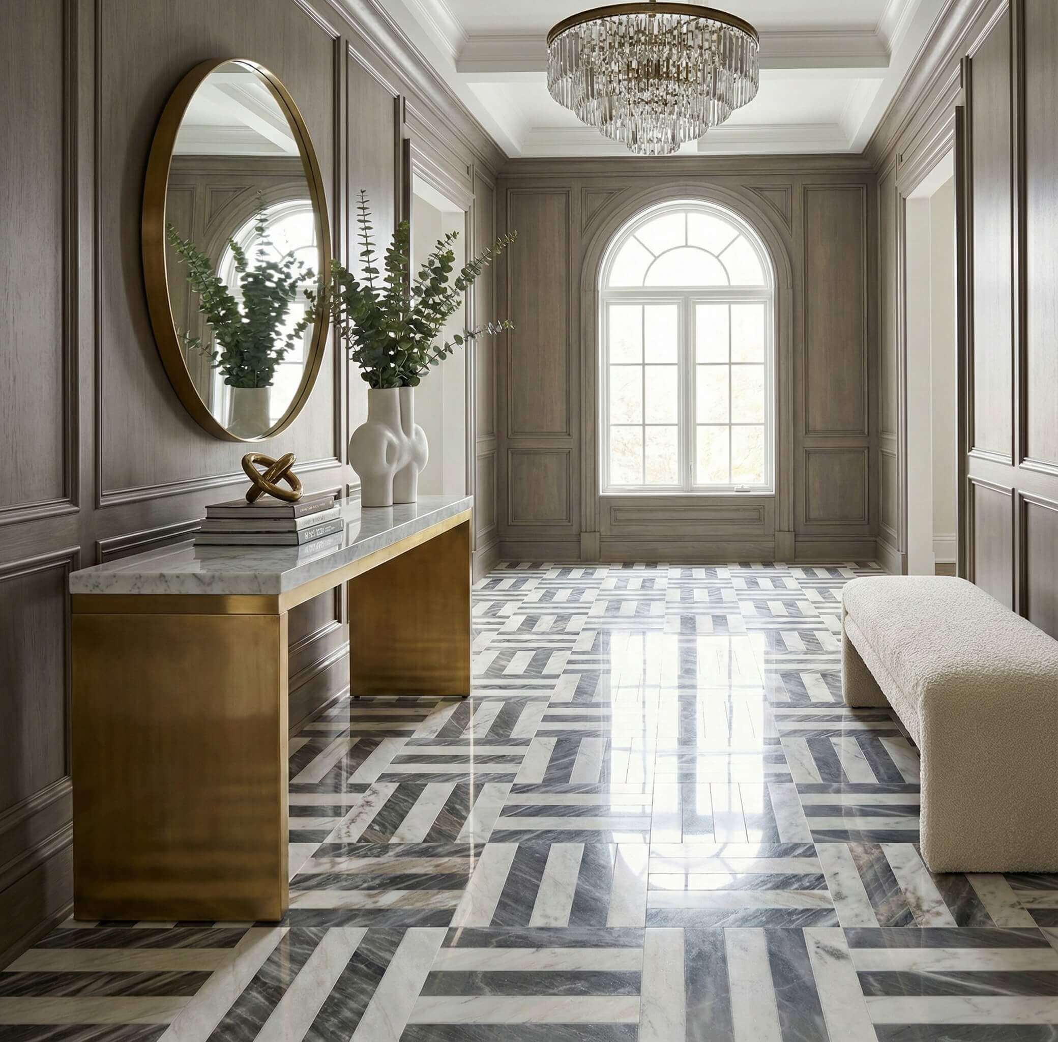 Grand entry foyer with wainscoting and polished Snow Mountain White Carrara Gray woven geometric marble floor tile.