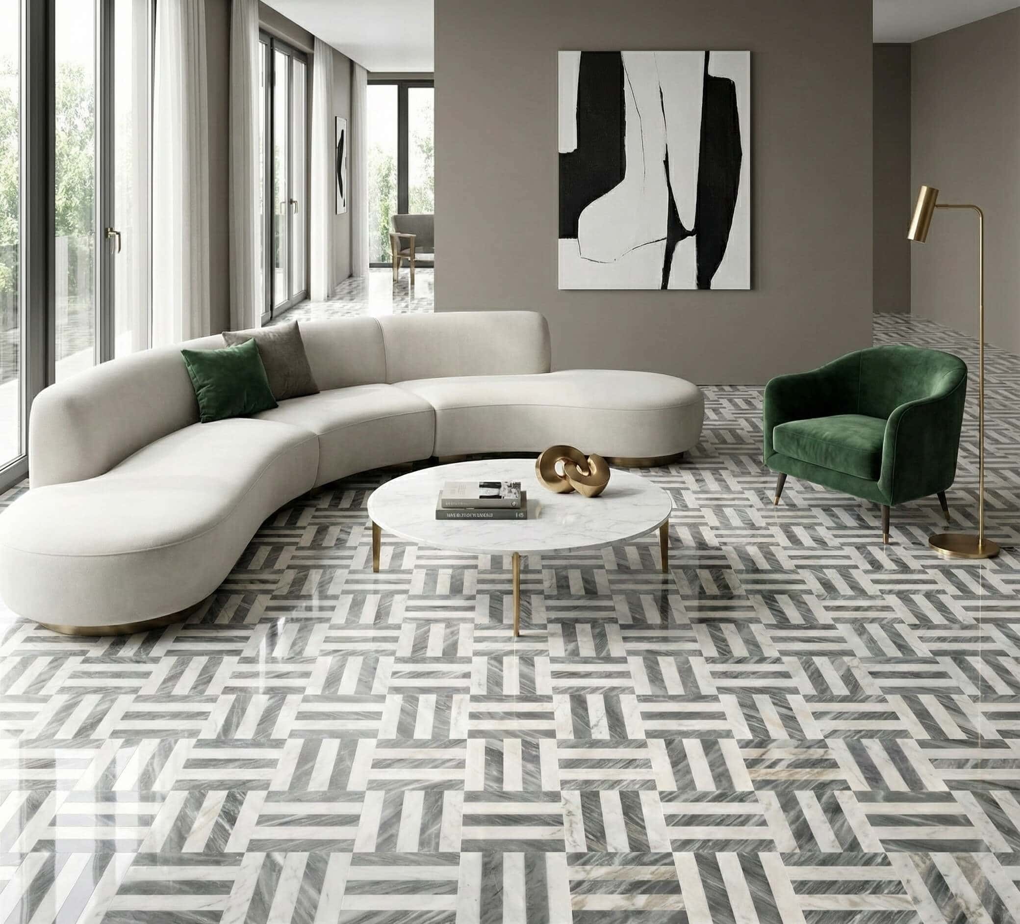Luxury open living room with curved sofa and Snow Mountain White and Carrara Gray woven geometric marble floor tiles.