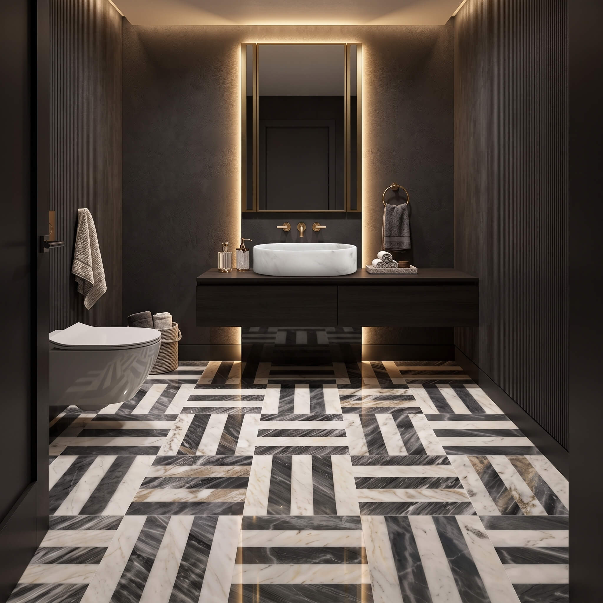 Modern powder room with Snow Mountain White matte oval vessel sink and Snow Mountain White Carrara Gray woven marble floor.