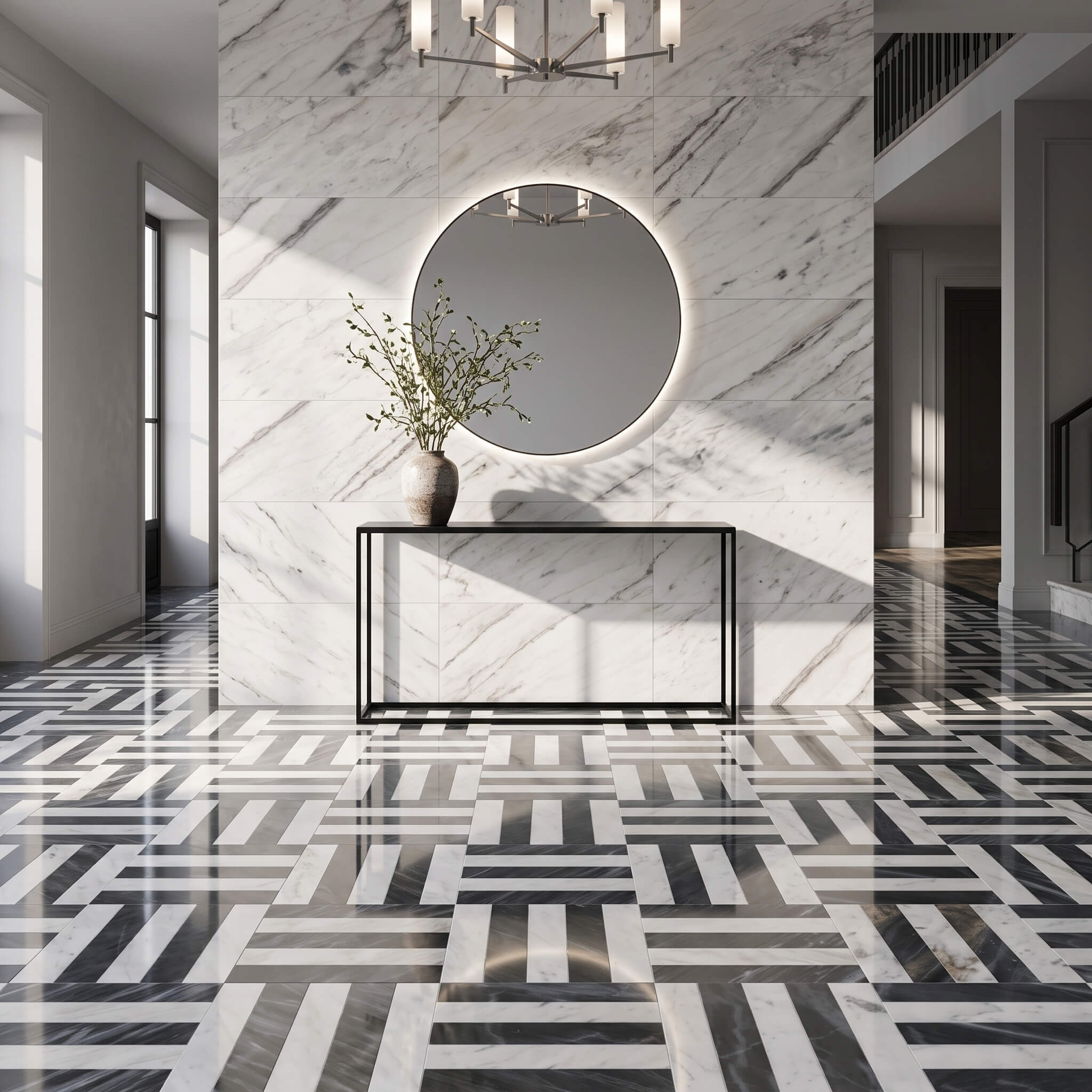 Luxury entryway wall clad in polished Snow Mountain White marble paired with Snow Mountain White Carrara Gray woven floor.