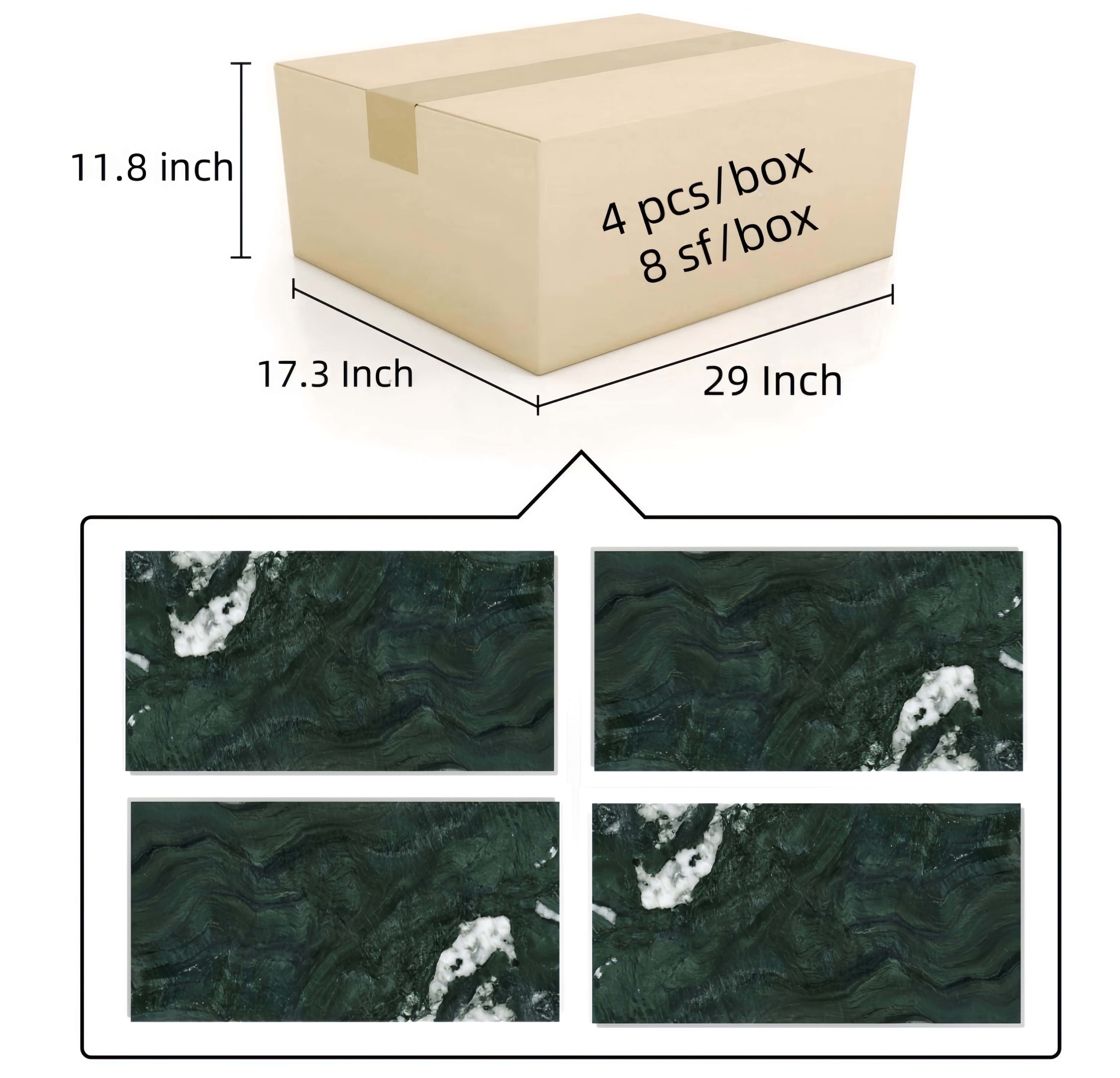 Packaging details for 12x24 diamond green marble tile, showing a carton containing 4 pieces that cover 8 square feet.