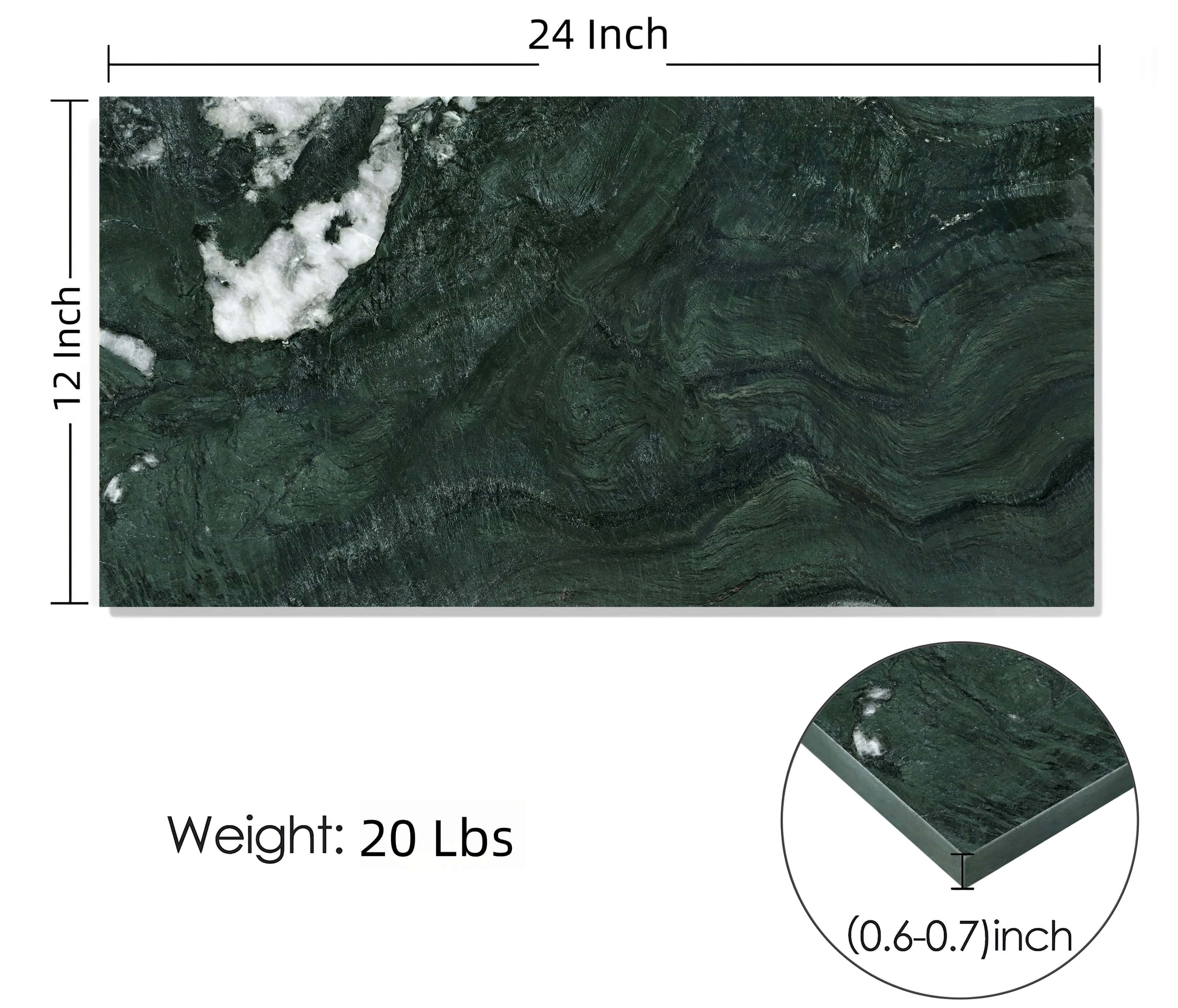 Specifications for dark green natural stone tile showing 12x24 inch dimensions, 0.6-0.7 inch thickness, and 20 lbs weight.