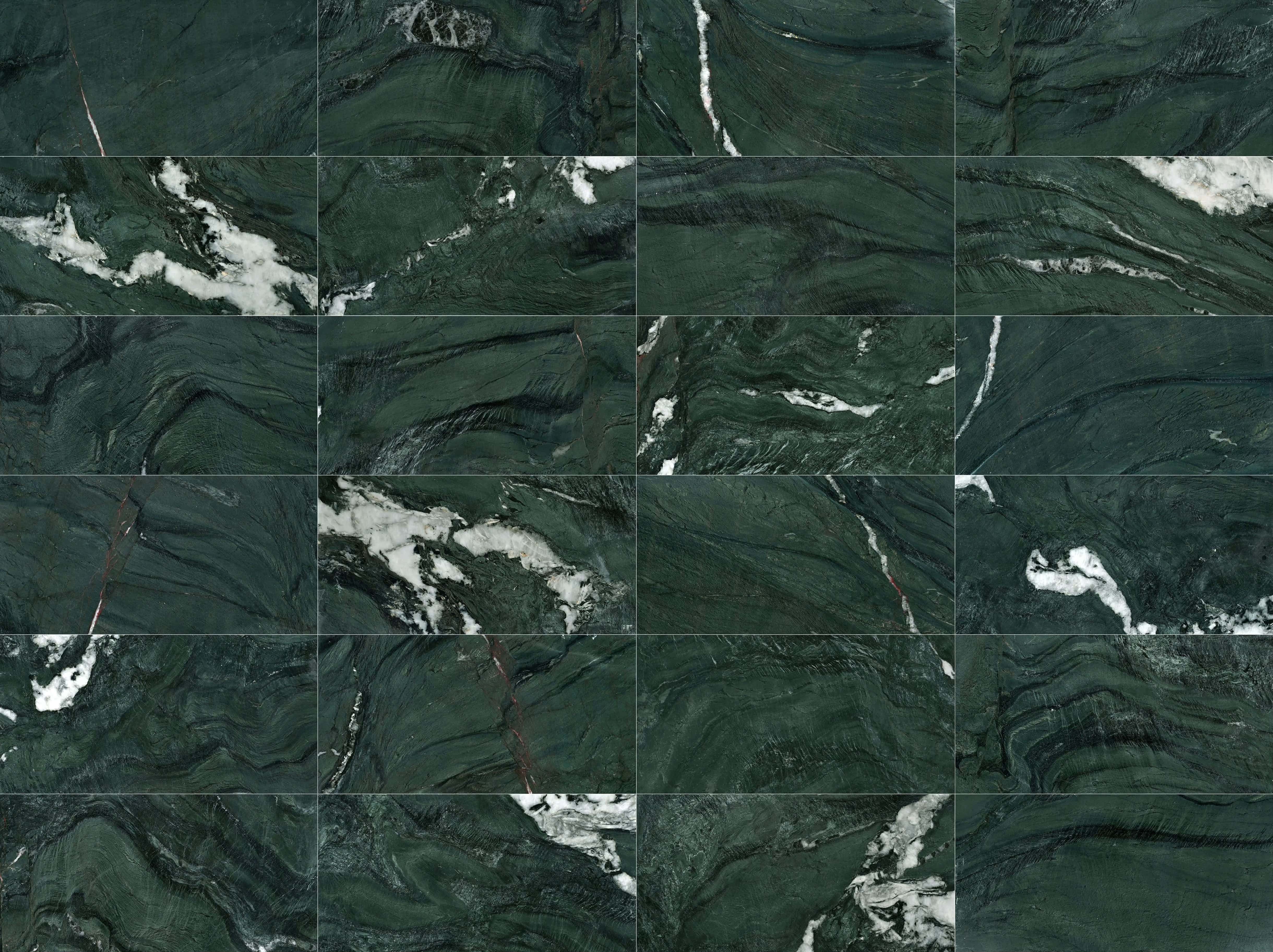 Grid displaying the authentic natural stone tile variations of diamond green marble, highlighting unique white quartz veins.